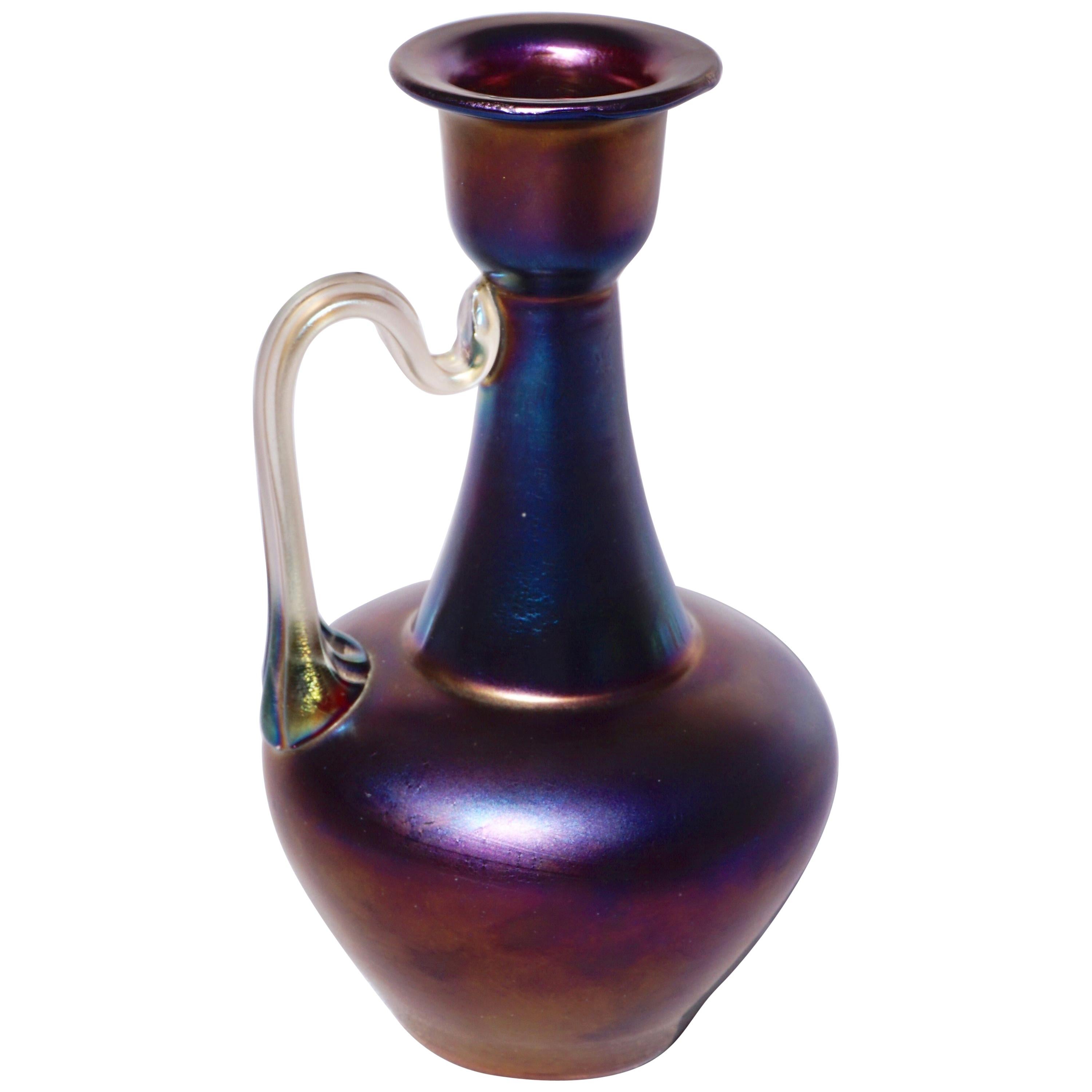 Loetz Rubin Matte Iris Handles Ewer Vase, Rare 1898 For Sale