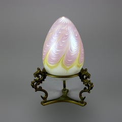 Loetz School Art Glass Pulled Feather Egg on Figural Brass Dragon Stand 20th C