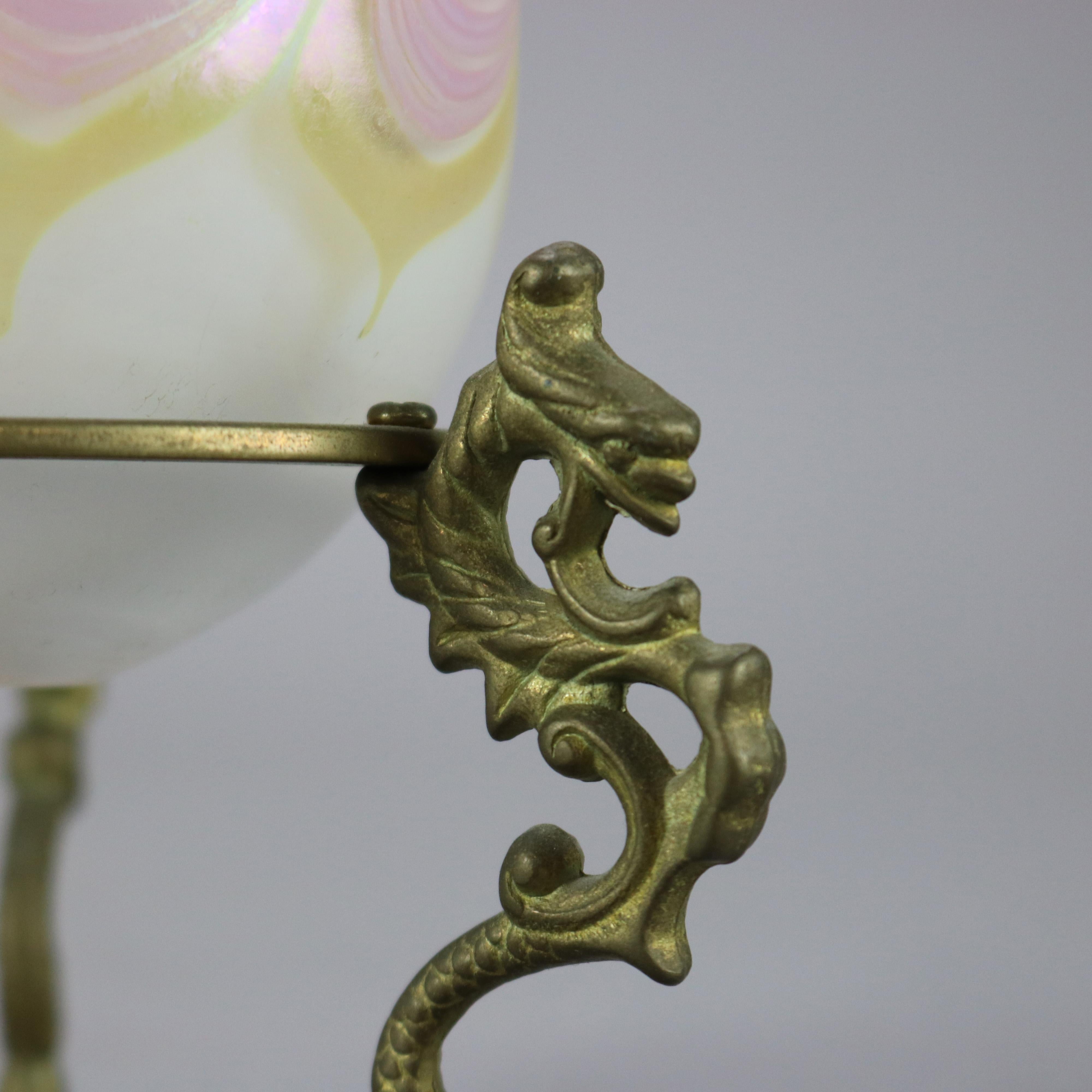 Loetz School Art Glass Pulled Feather Egg on Figural Brass Dragon Stand 20th C In Good Condition In Big Flats, NY