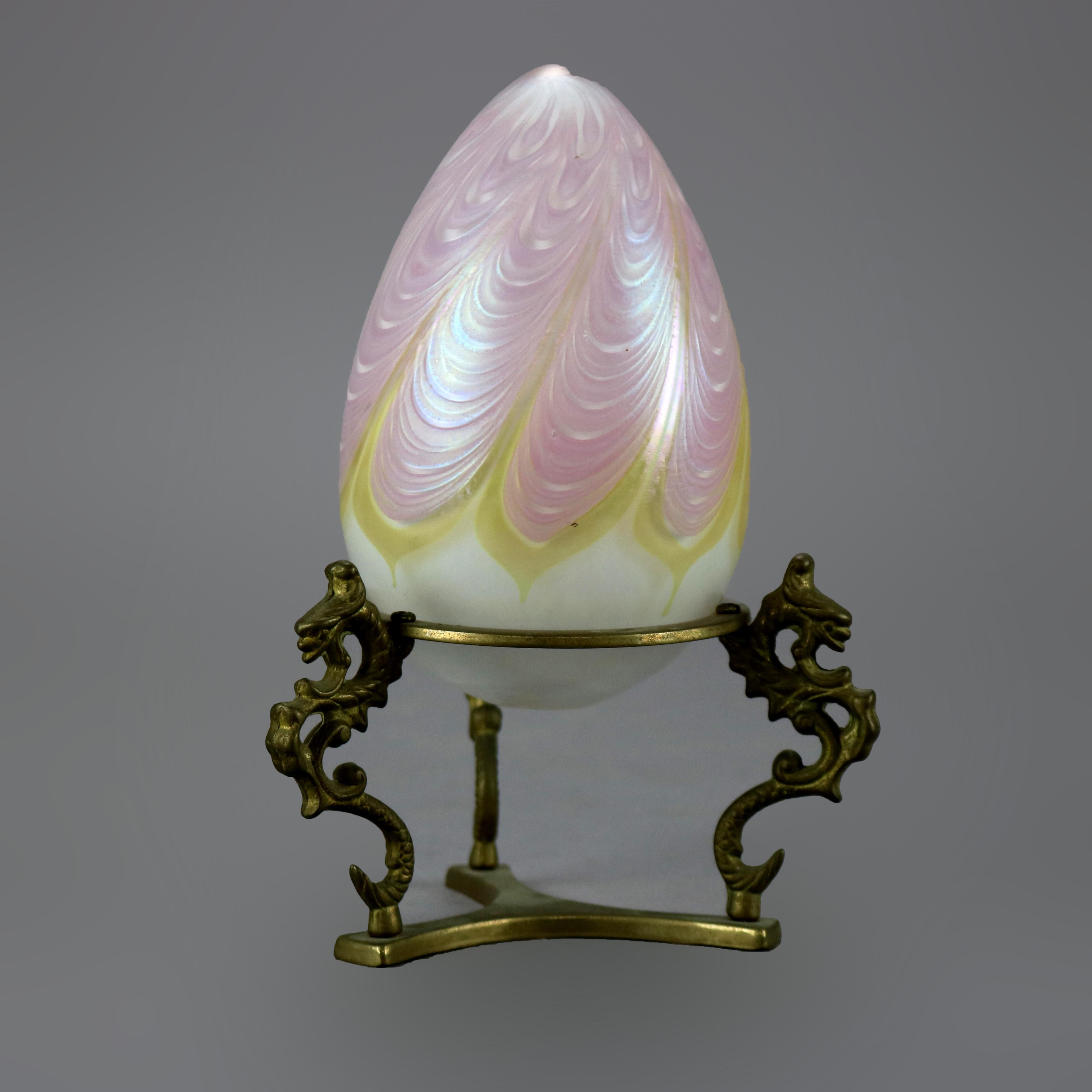 Loetz School Art Glass Pulled Feather Egg on Figural Brass Dragon Stand 20th C 1