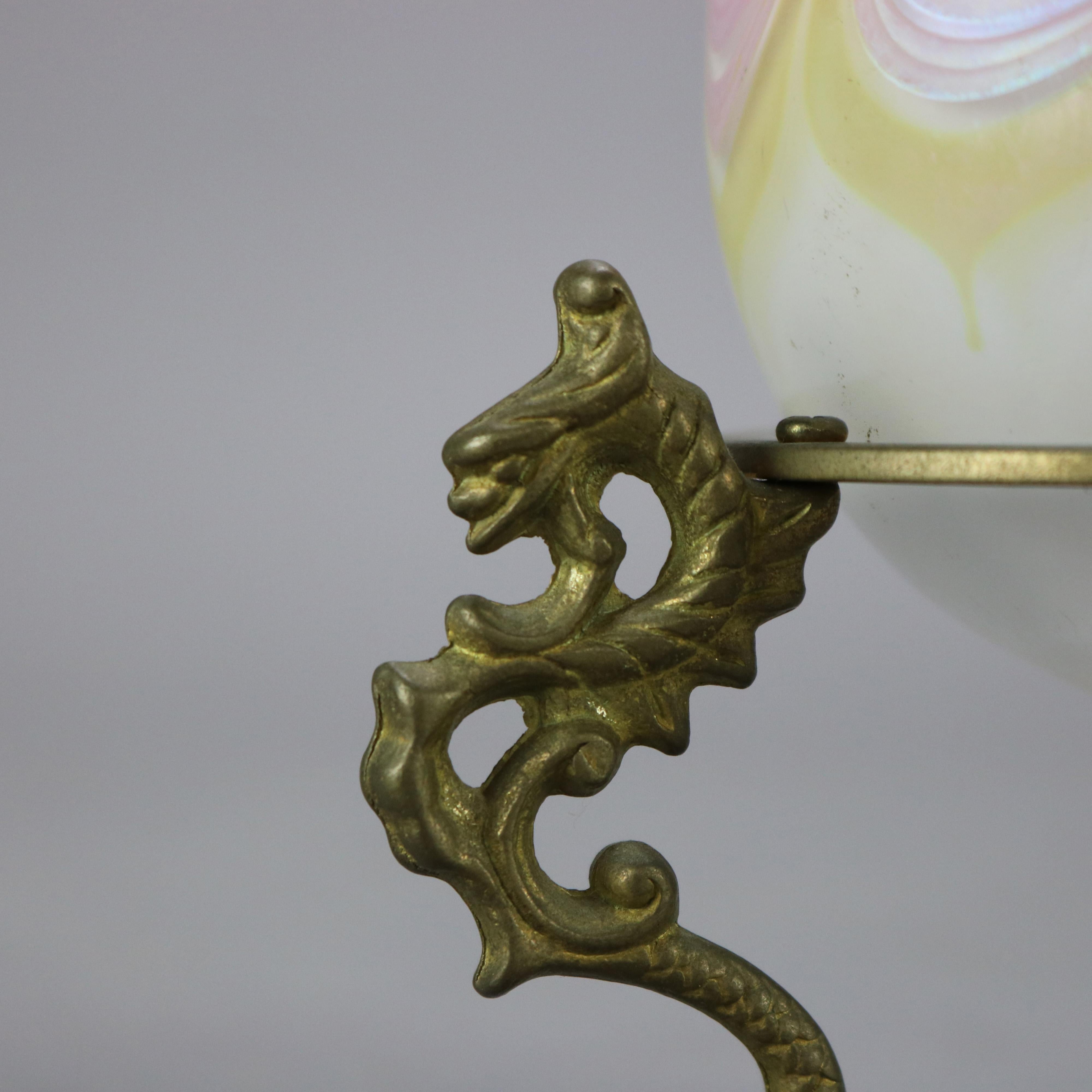 Loetz School Art Glass Pulled Feather Egg on Figural Brass Dragon Stand 20th C 3