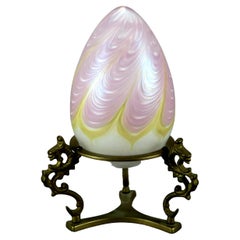 Loetz School Art Glass Pulled Feather Egg on Figural Brass Dragon Stand 20th C