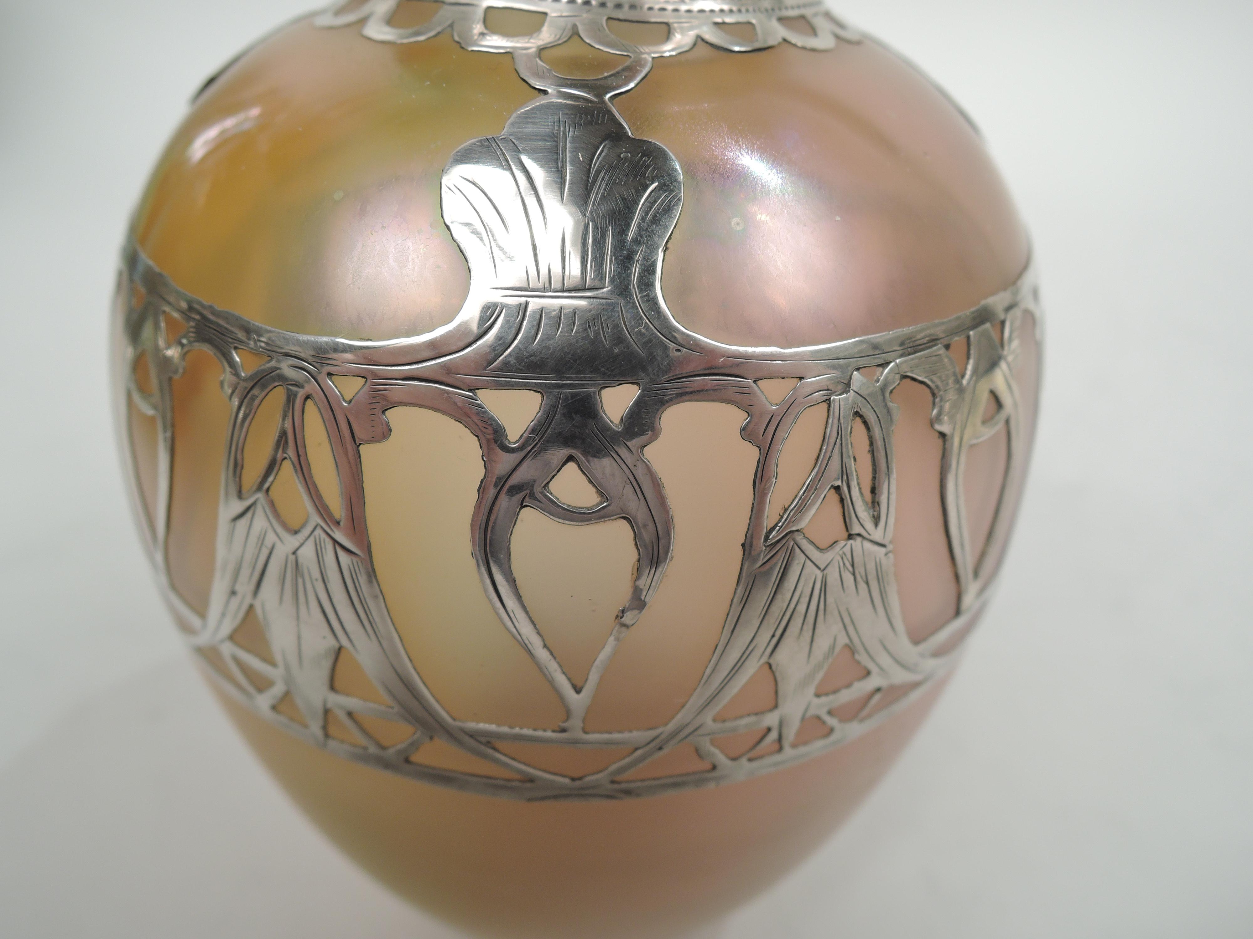 Austrian Loetz Silberiris Art Nouveau Iridescent Silver Overlay Vase For Sale