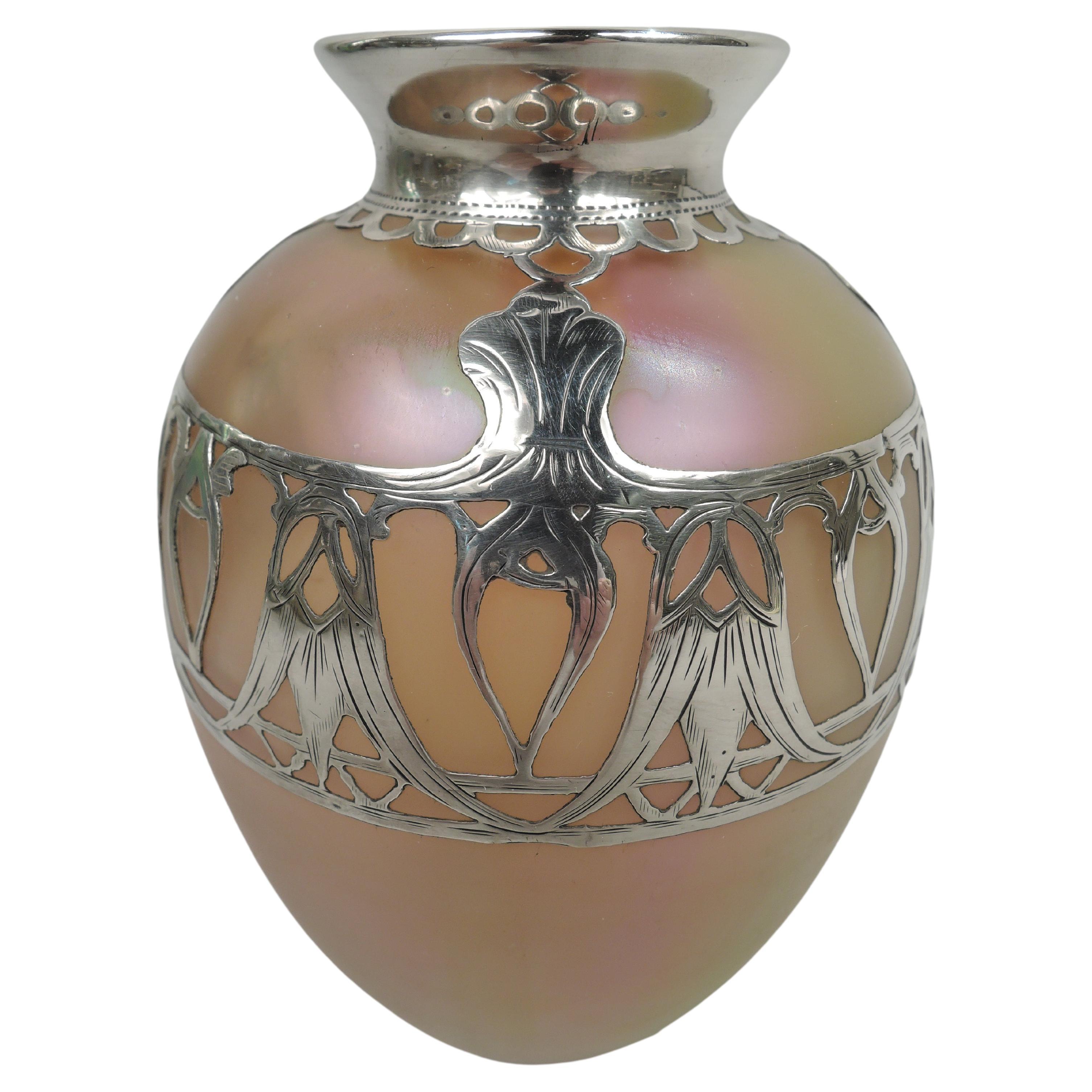Loetz Silberiris Art Nouveau Iridescent Silver Overlay Vase