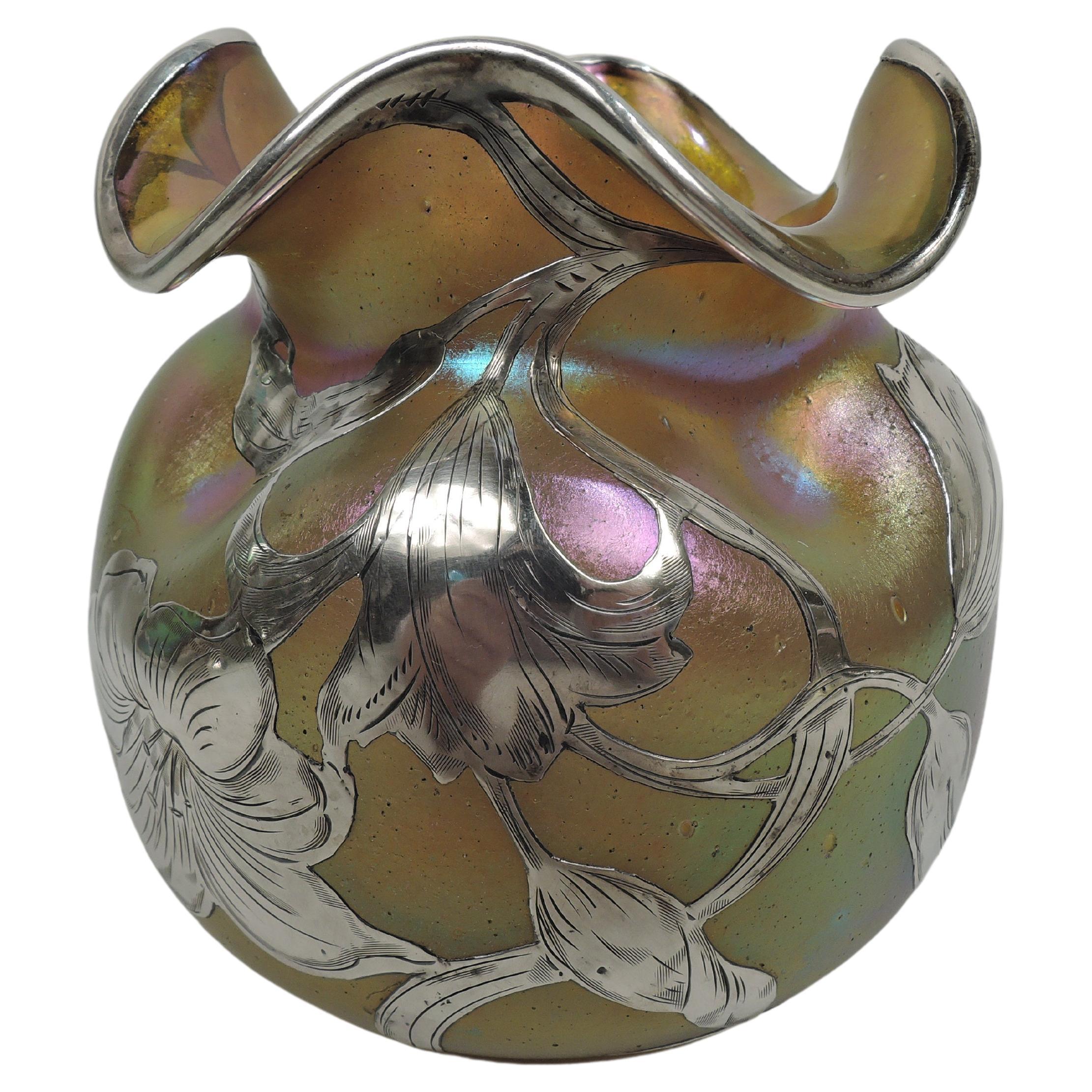 Loetz Silberiris Art Nouveau Iridescent Silver Overlay Vase For Sale