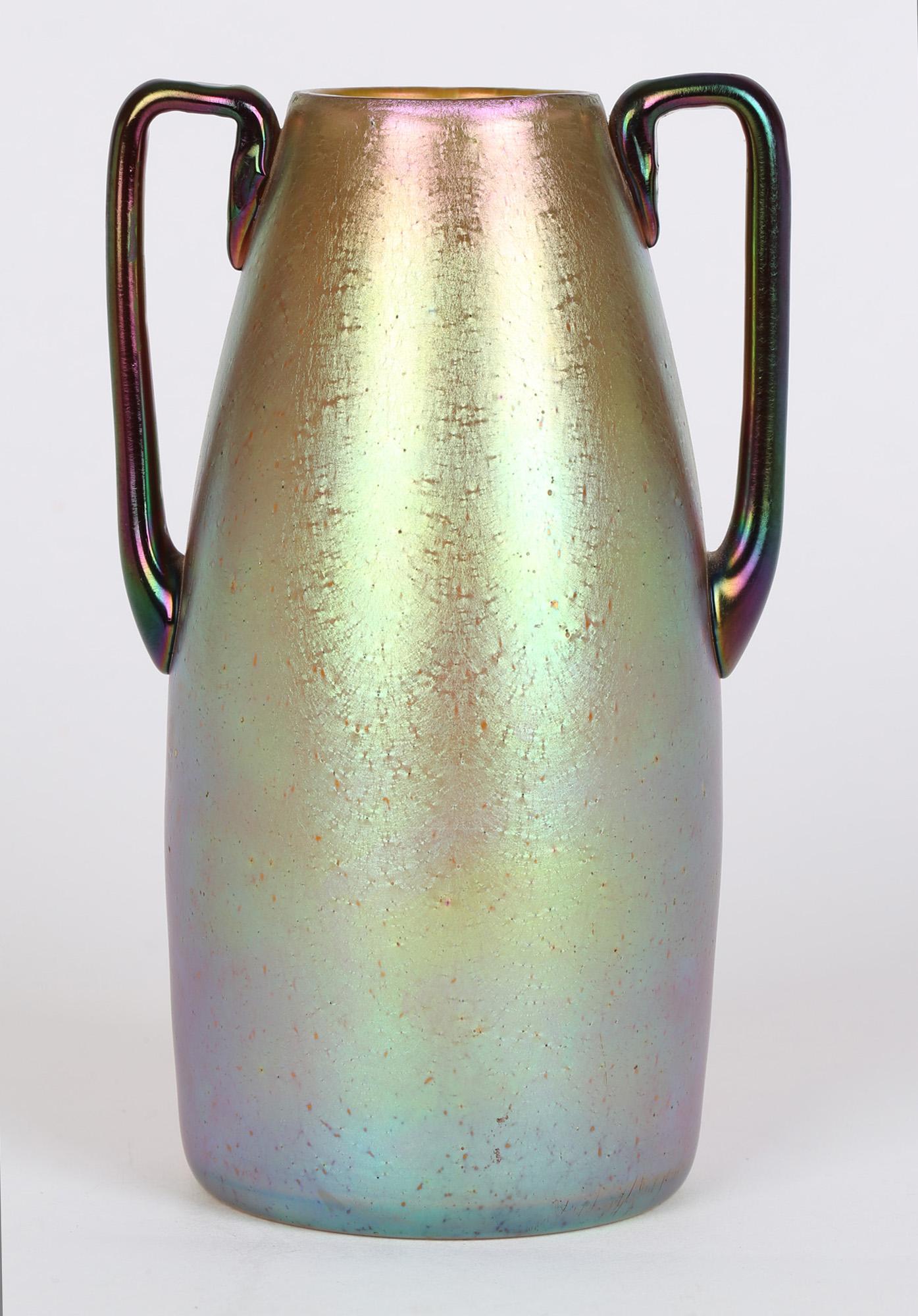 Early 20th Century Loetz Silberiris Candia Iridescent Twin Handled Glass Vase