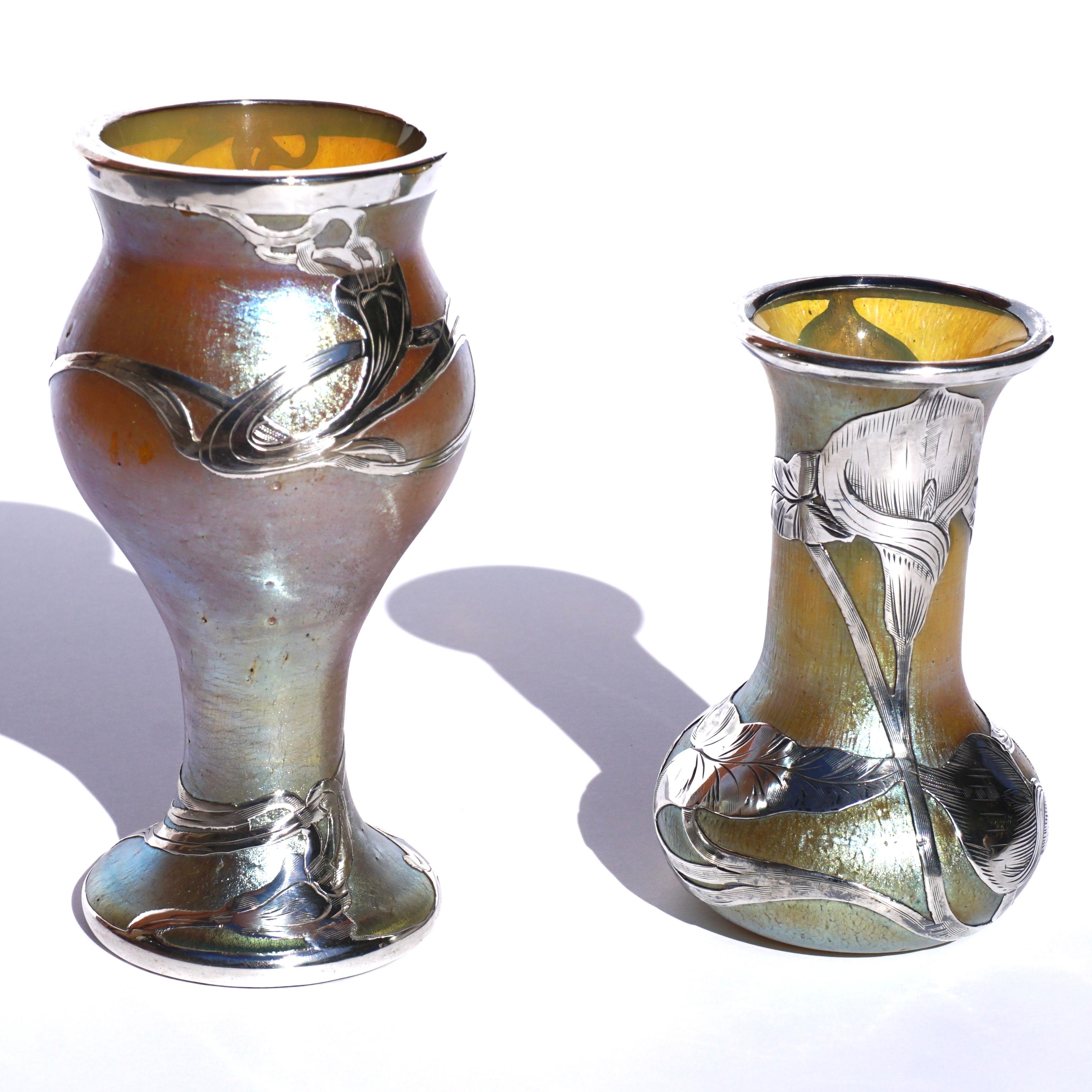 Austrian Loetz Silver Overlay Art Nouveau Vases Pair For Sale