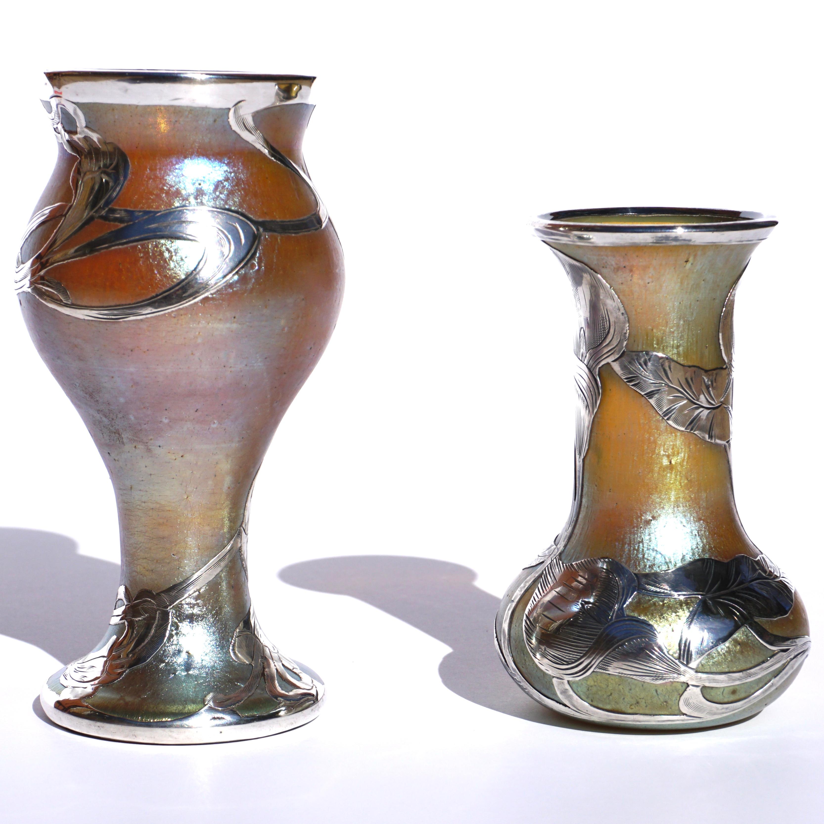 Fired Loetz Silver Overlay Art Nouveau Vases Pair For Sale