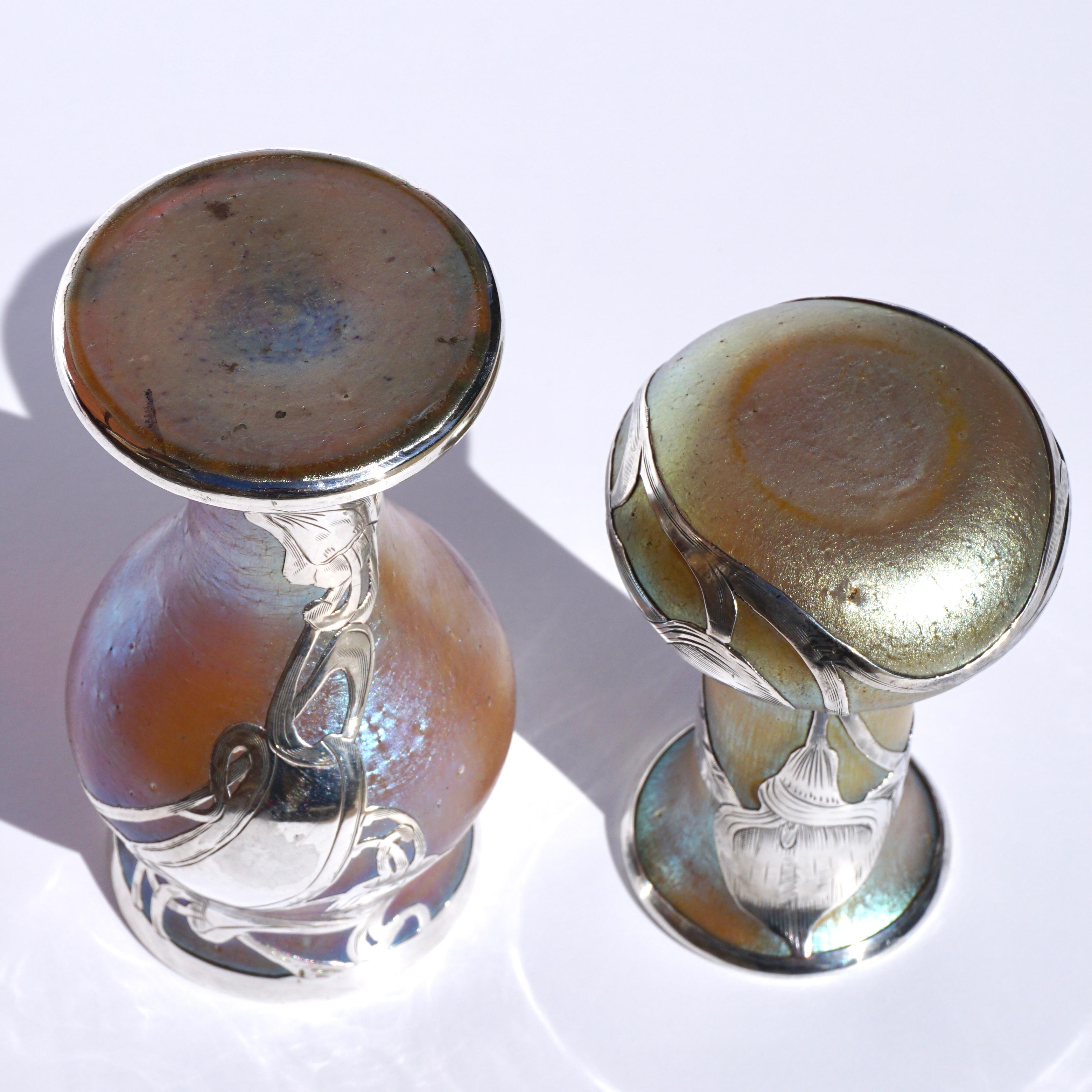 Early 20th Century Loetz Silver Overlay Art Nouveau Vases Pair For Sale