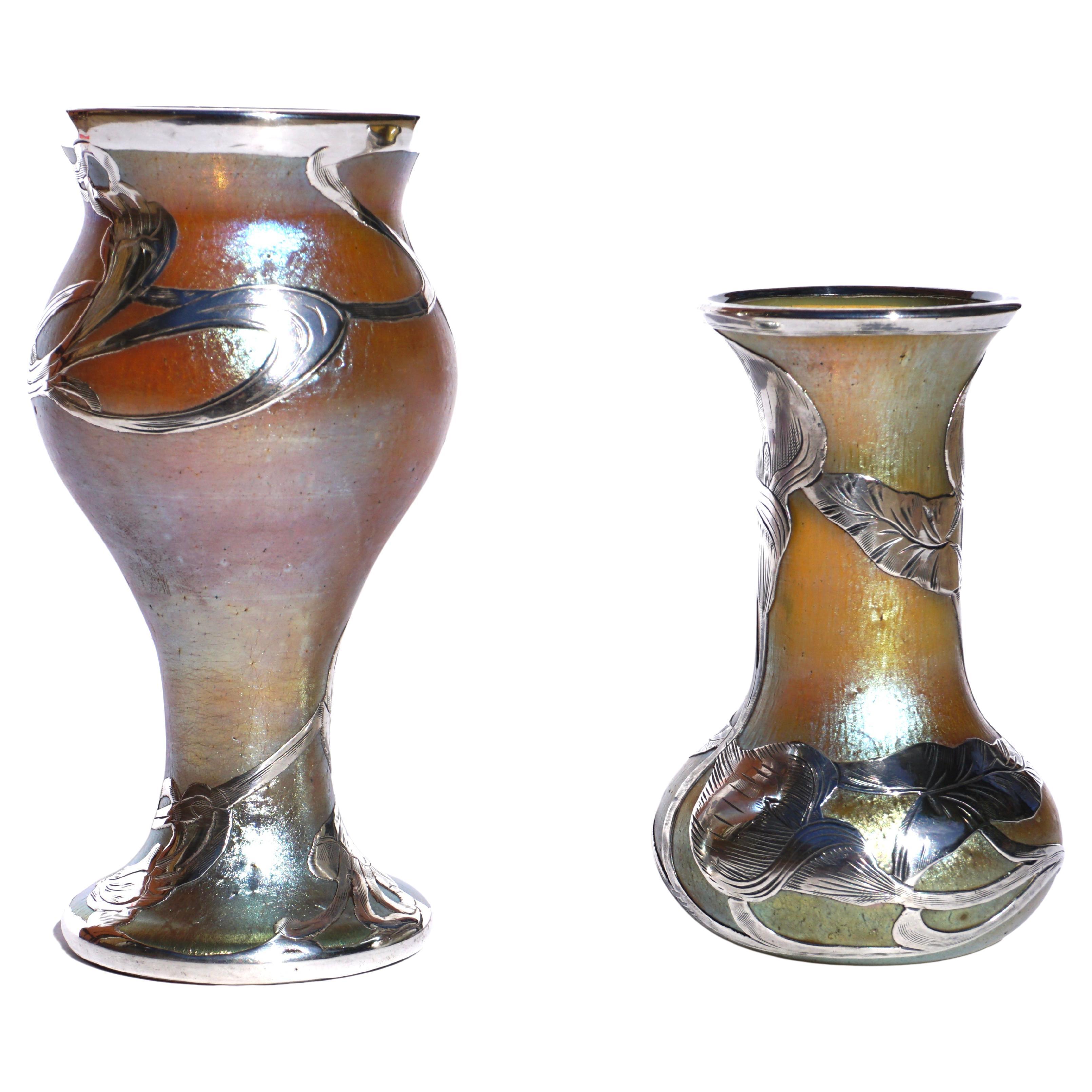 Loetz Silver Overlay Art Nouveau Vases Pair