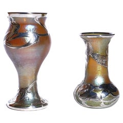 Antique Loetz Silver Overlay Art Nouveau Vases Pair