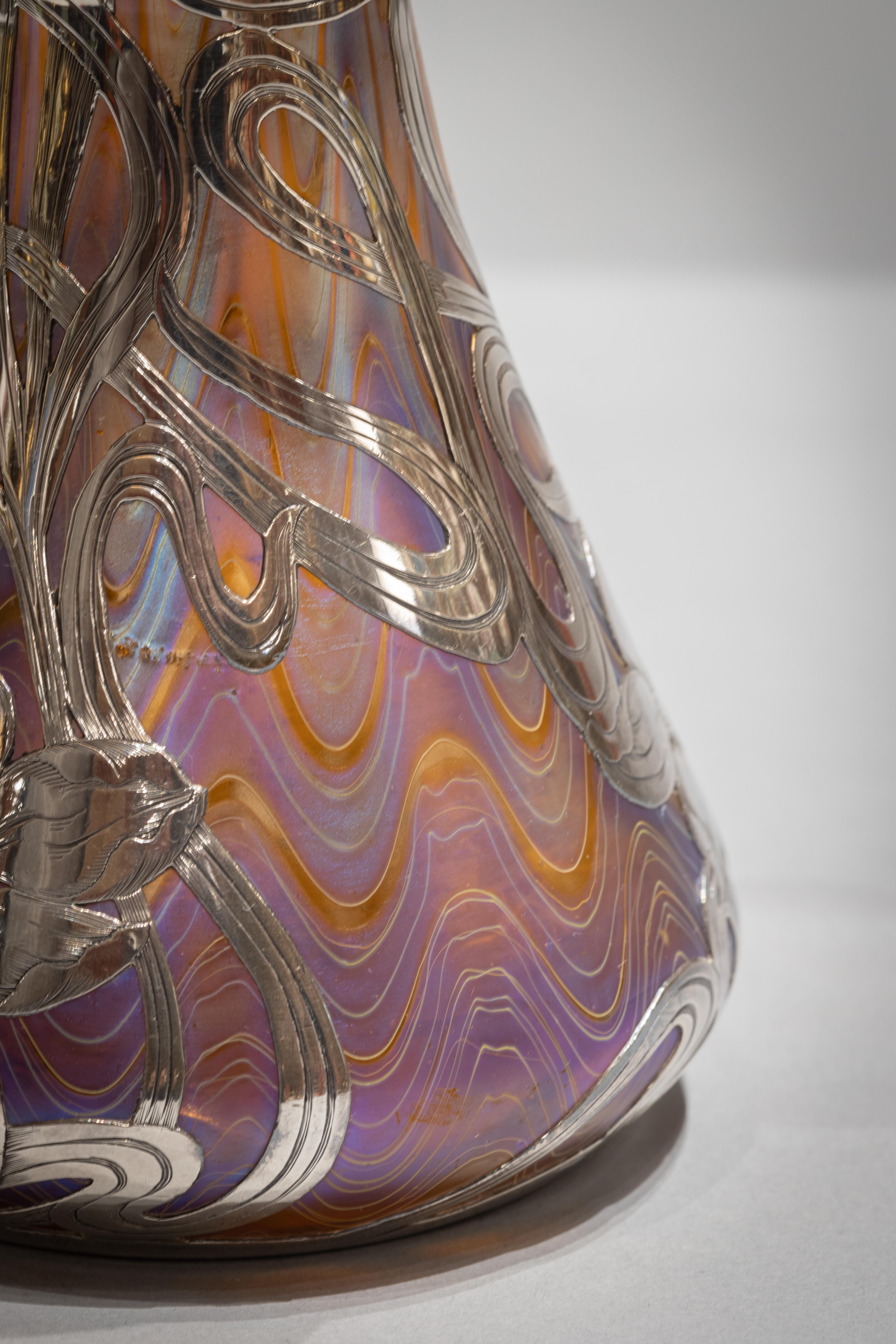 Austrian Loetz Silver Overlay Glass Vase, circa 1900 For Sale