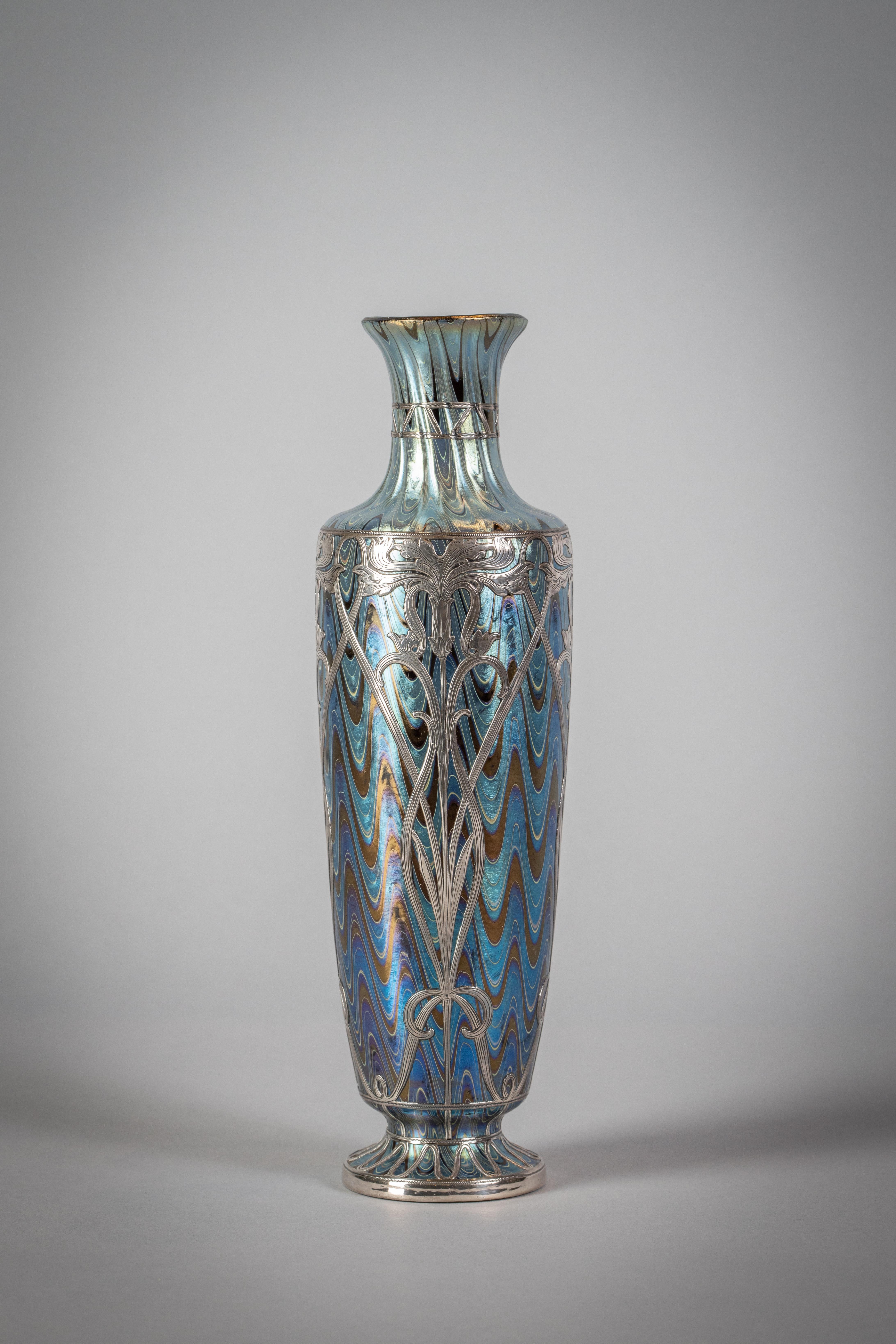 Loetz silver overlay glass vase, circa 1910. Signed 'Loetz Austria'.