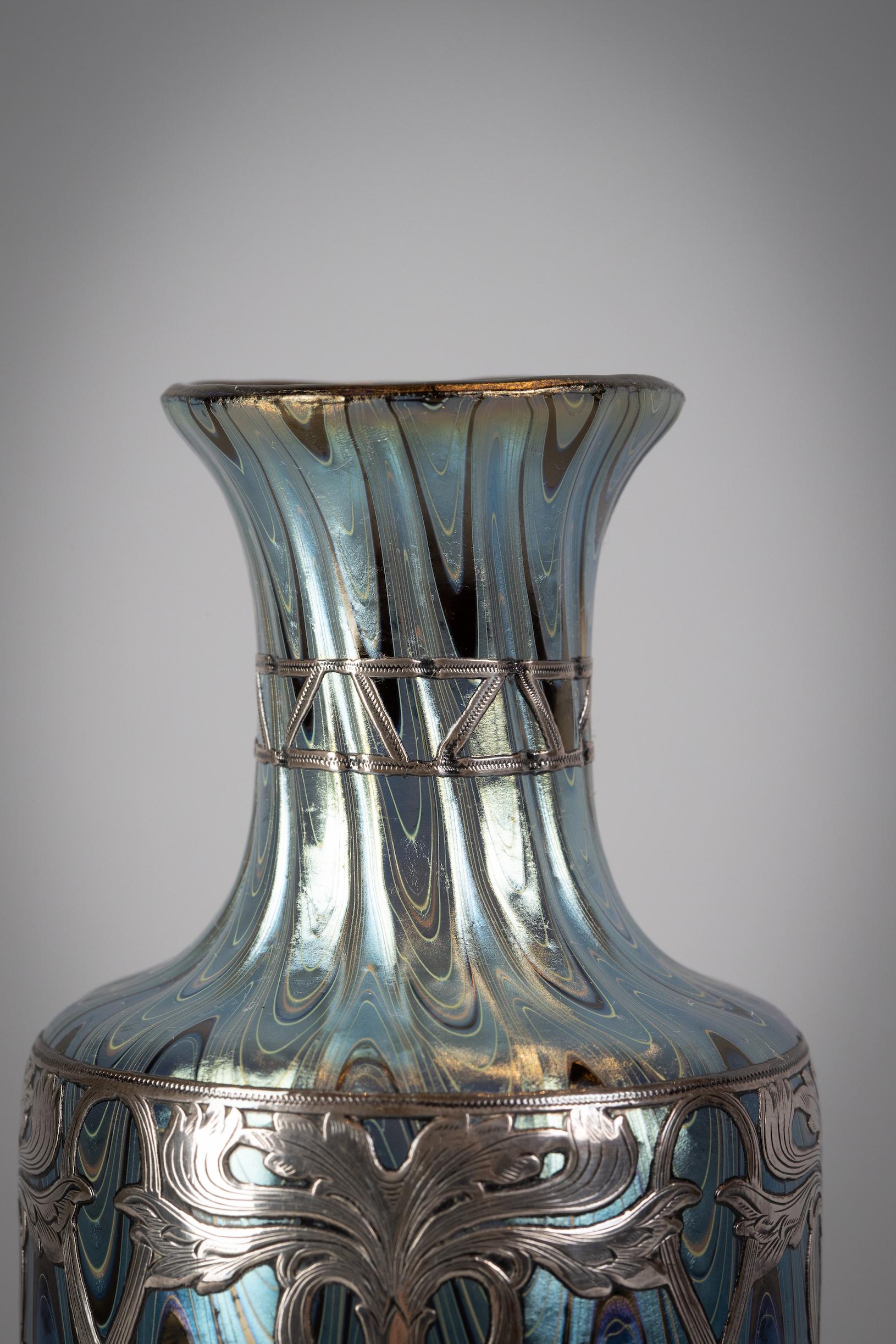 Austrian Loetz Silver Overlay Glass Vase, circa 1910 For Sale