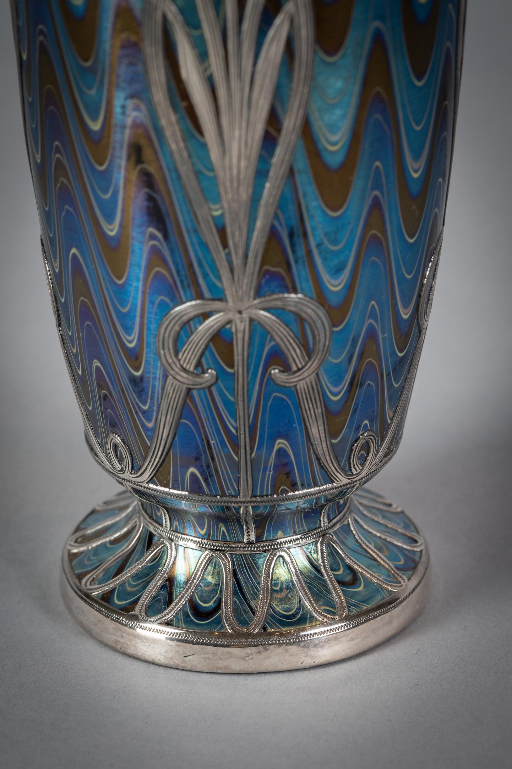 Loetz Silver Overlay Glass Vase, circa 1910 In Good Condition For Sale In New York, NY