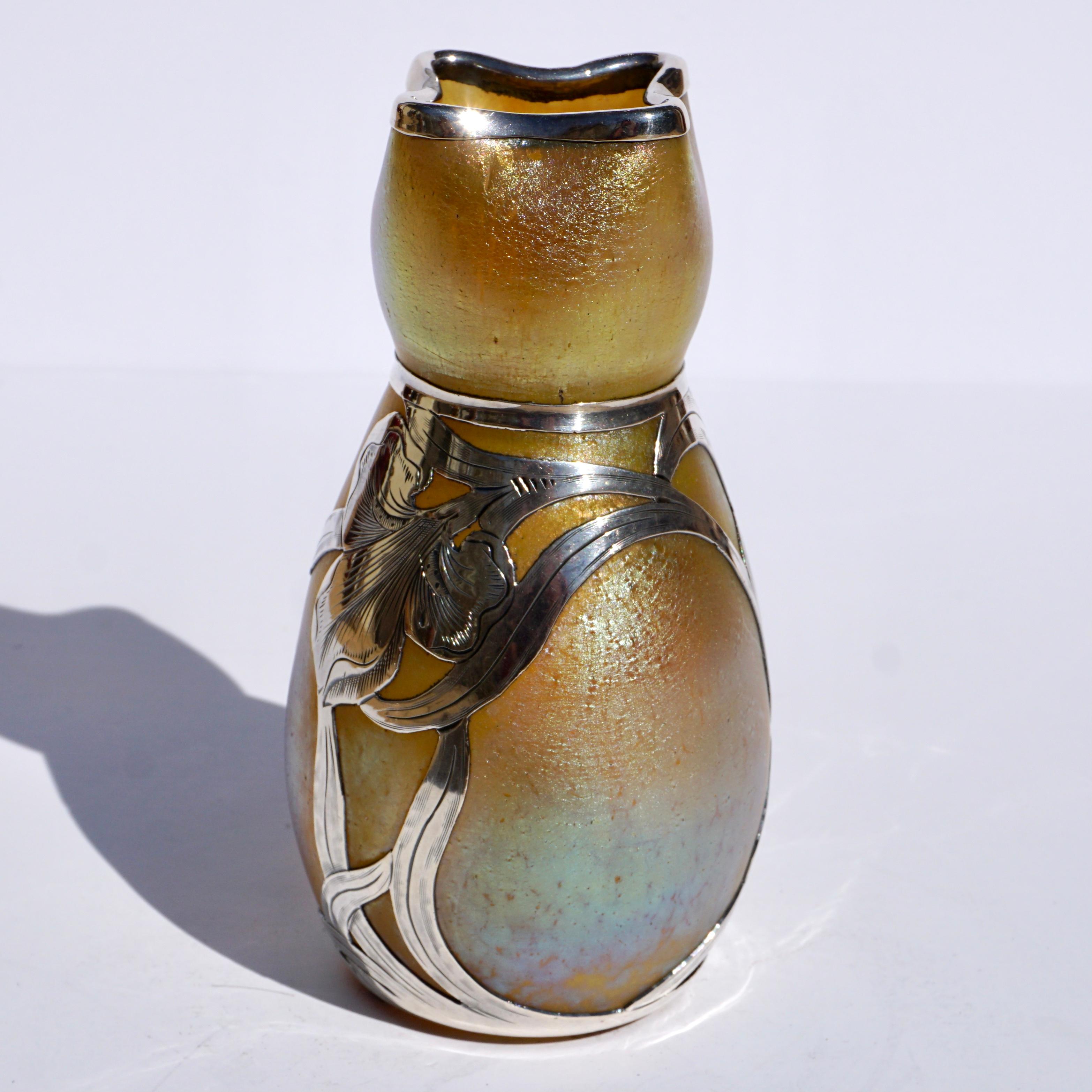 Fired Loetz Silver Overlay Silberisis Art Nouveau Vase