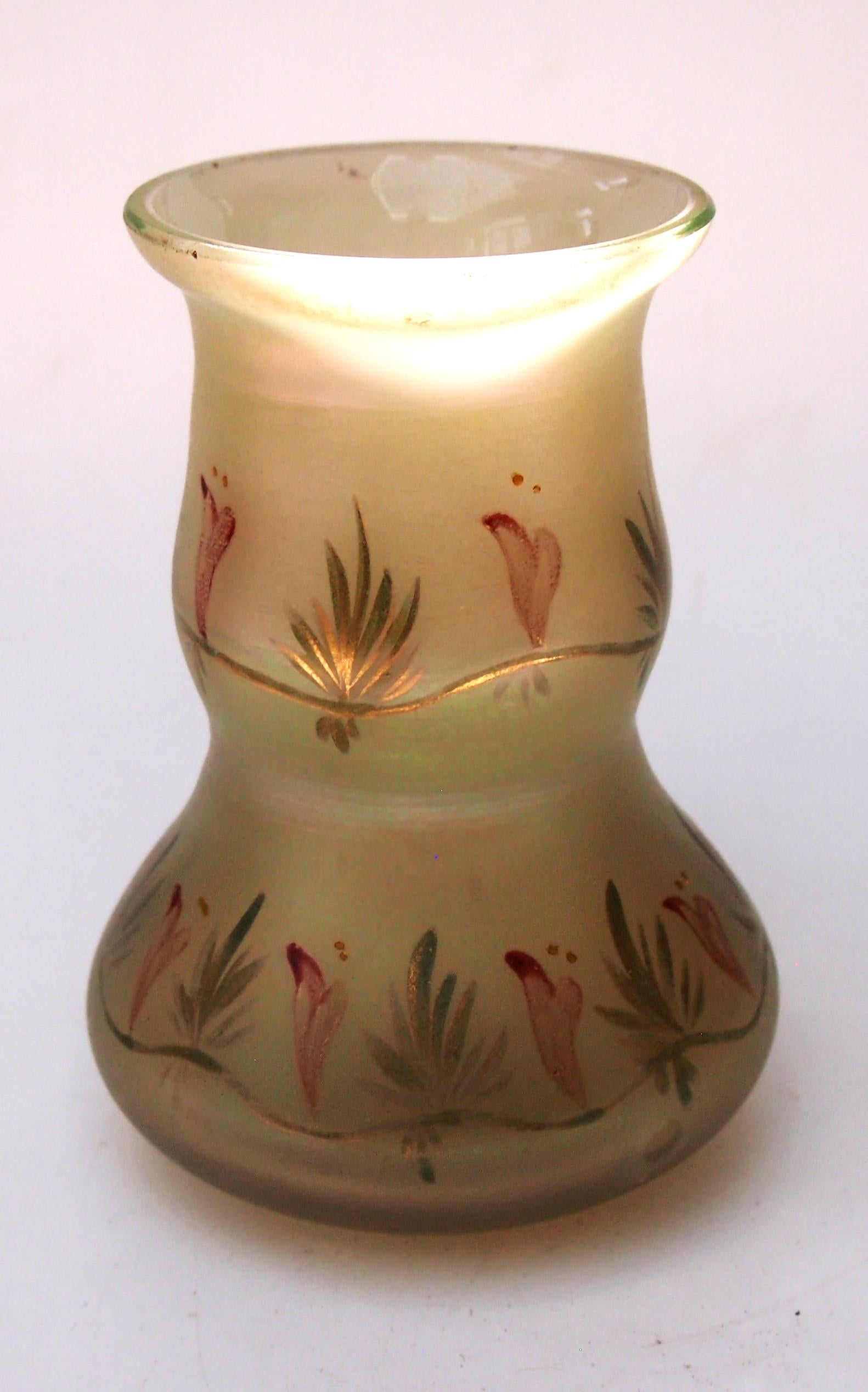 Fabulous, Small, Loetz glass vase in the Arcadia pattern (opal over green) a small vase with the Dek pattern I/8 (Lotus flowers in red, green and gold) and is in the shape PNII-165 dating to 1900. To show off the fabulous colours we have