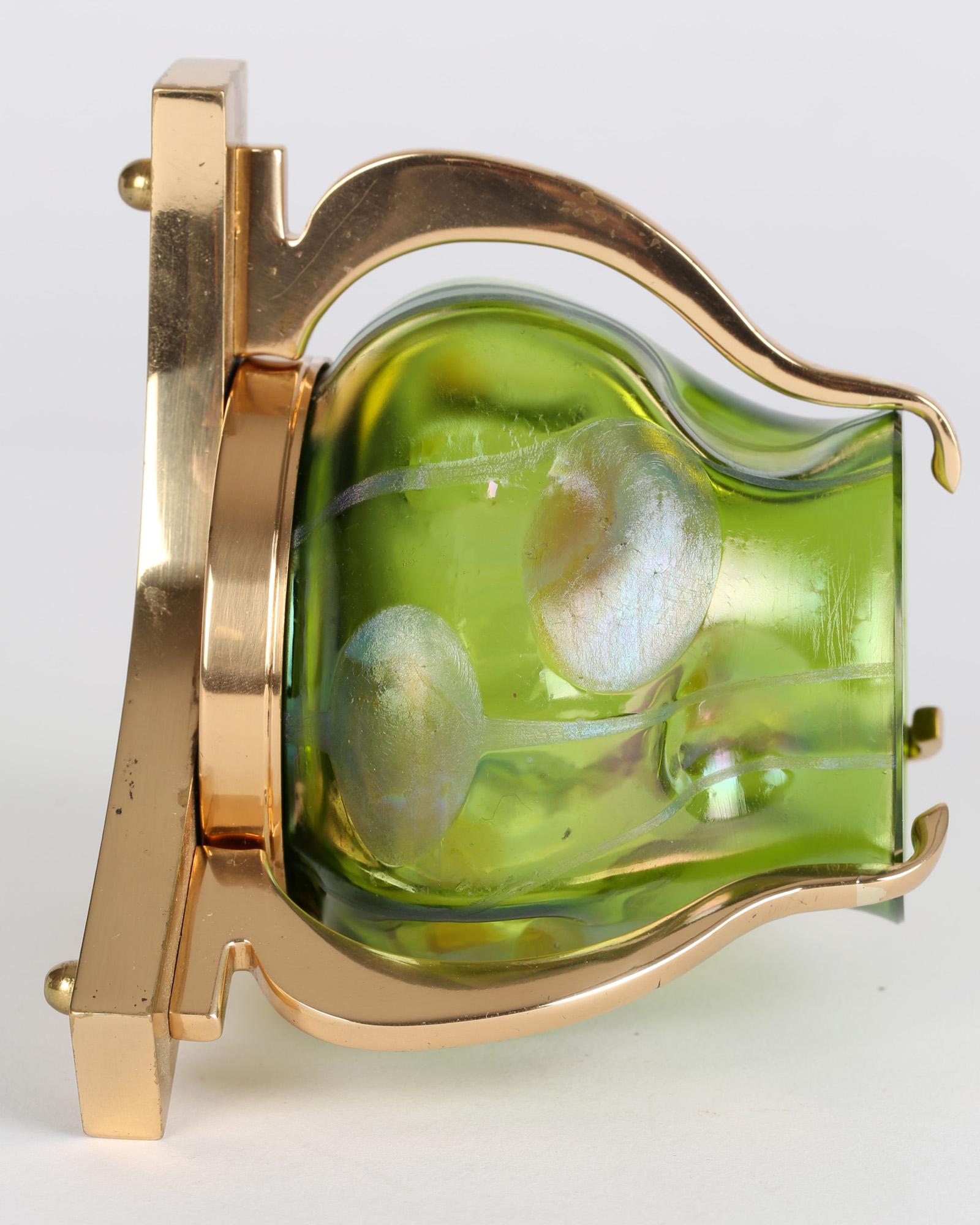 Hand-Crafted Loetz Streifen Und Flecken Brass Mounted Art Glass Vase For Sale