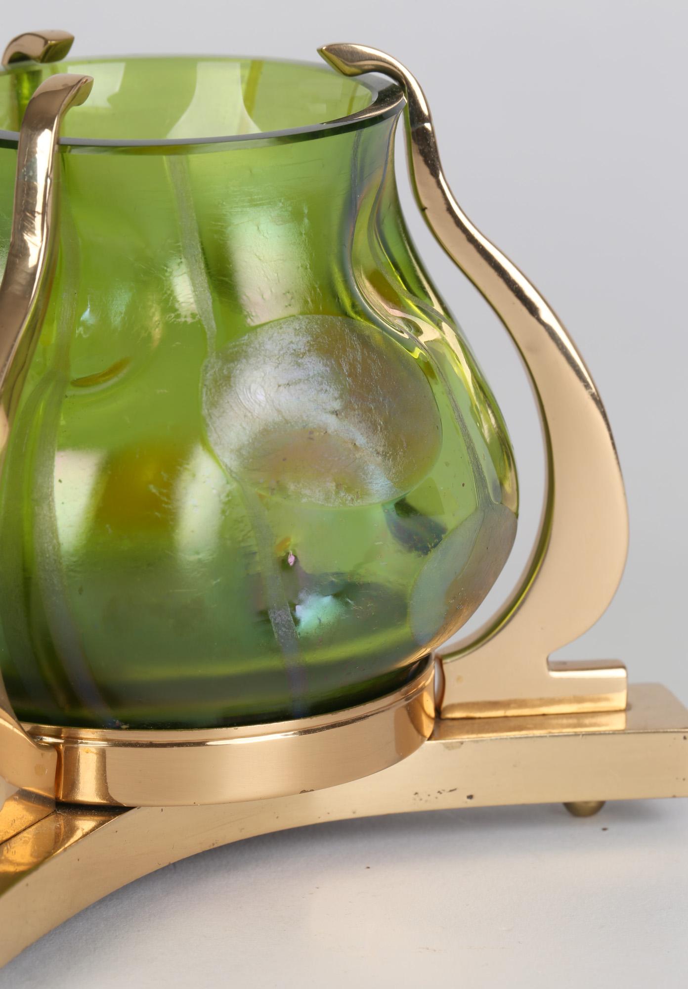 Loetz Streifen Und Flecken Brass Mounted Art Glass Vase For Sale 1