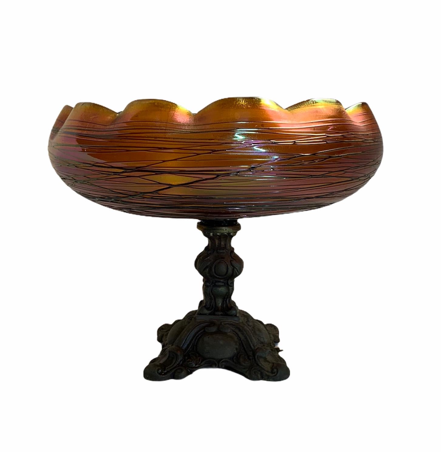 Loetz Style Art Glass Bronze Compote For Sale 4