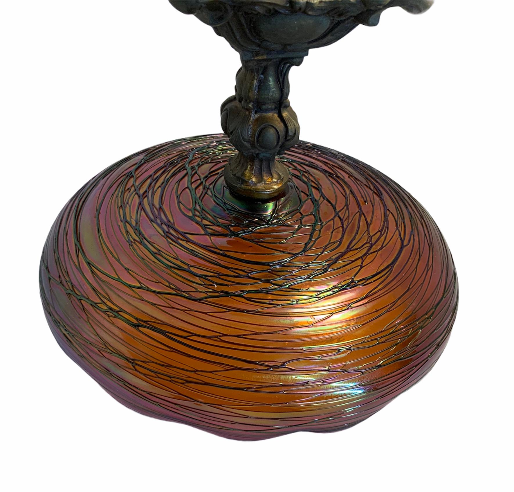 Art Nouveau Loetz Style Art Glass Bronze Compote For Sale