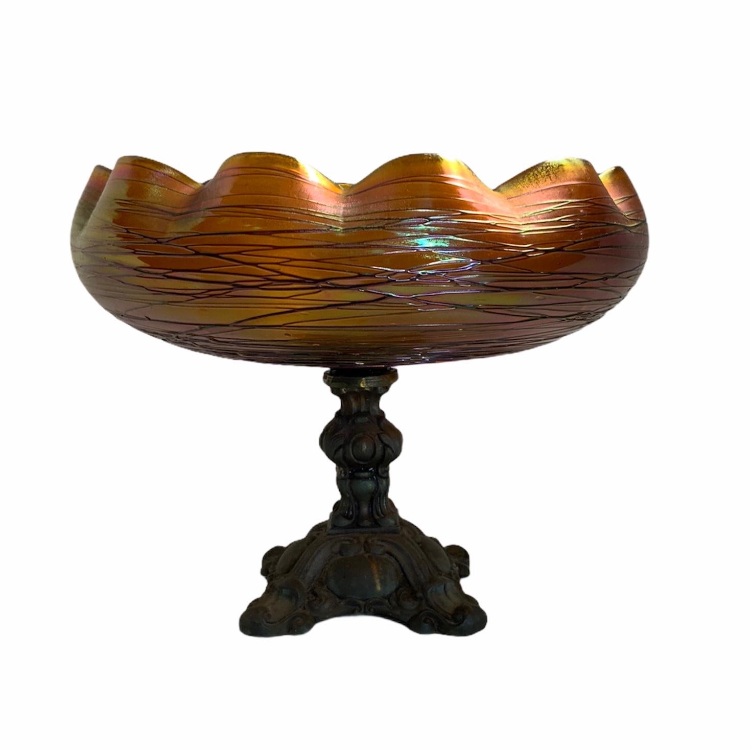20th Century Loetz Style Art Glass Bronze Compote For Sale