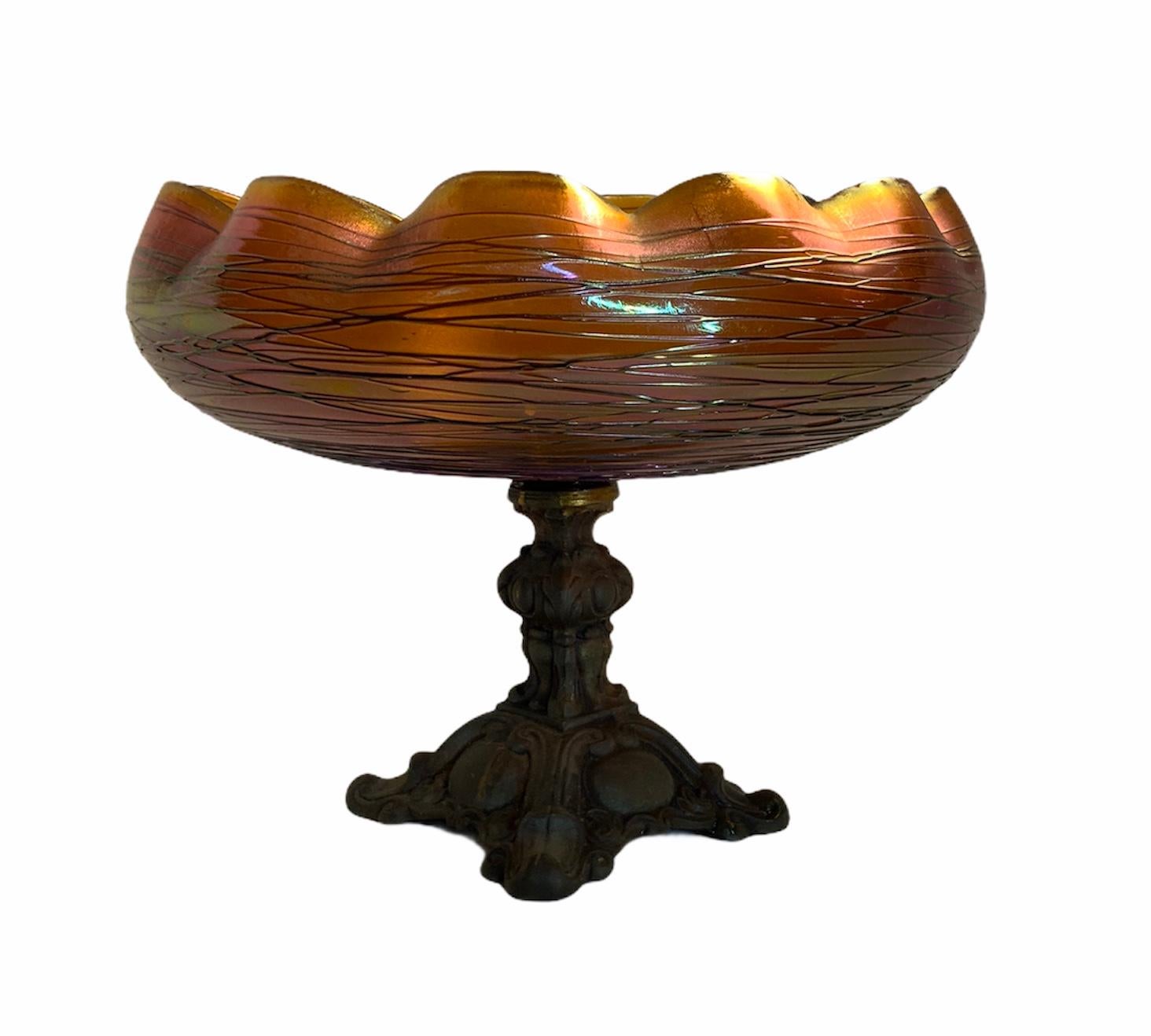 Loetz Style Art Glass Bronze Compote For Sale 1