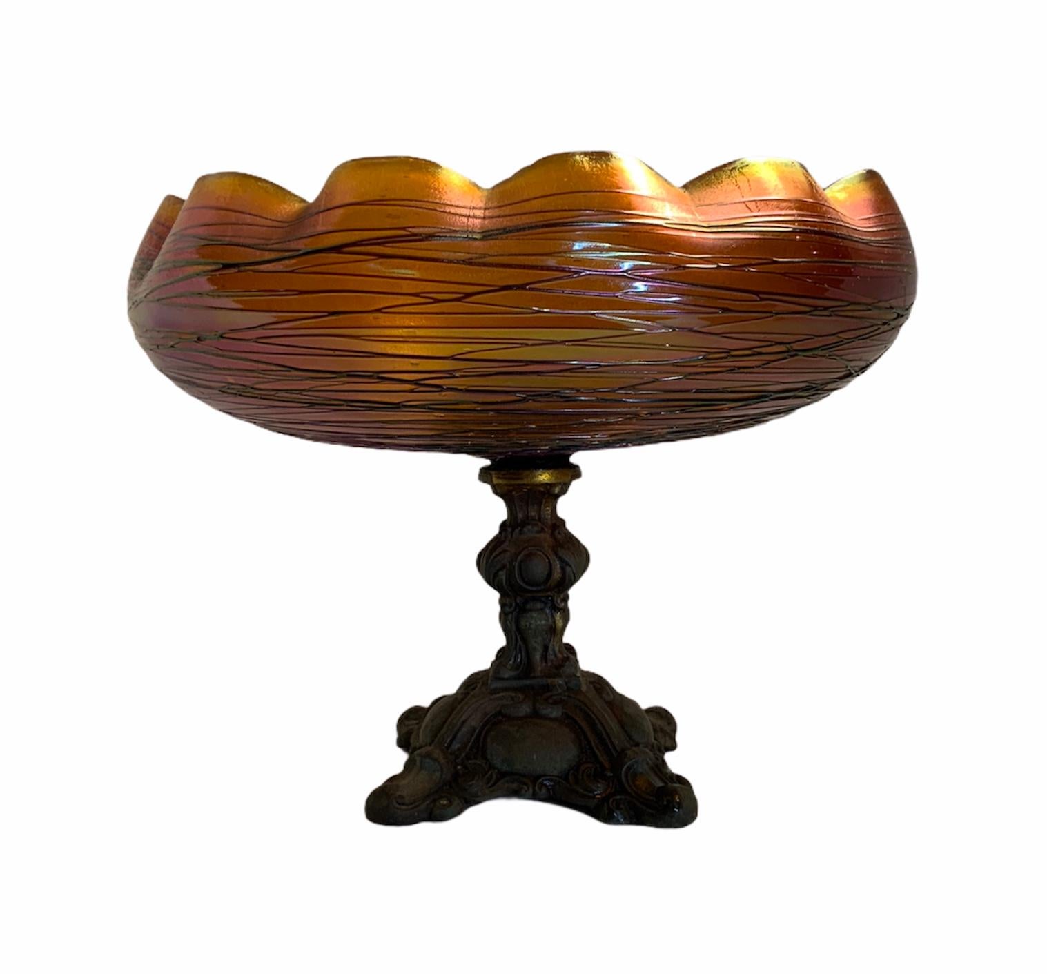 Loetz Style Art Glass Bronze Compote For Sale 2