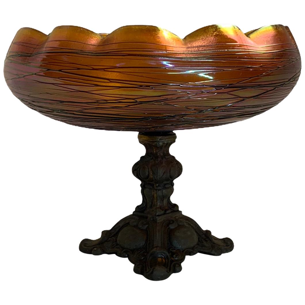 Loetz Style Art Glass Bronze Compote For Sale