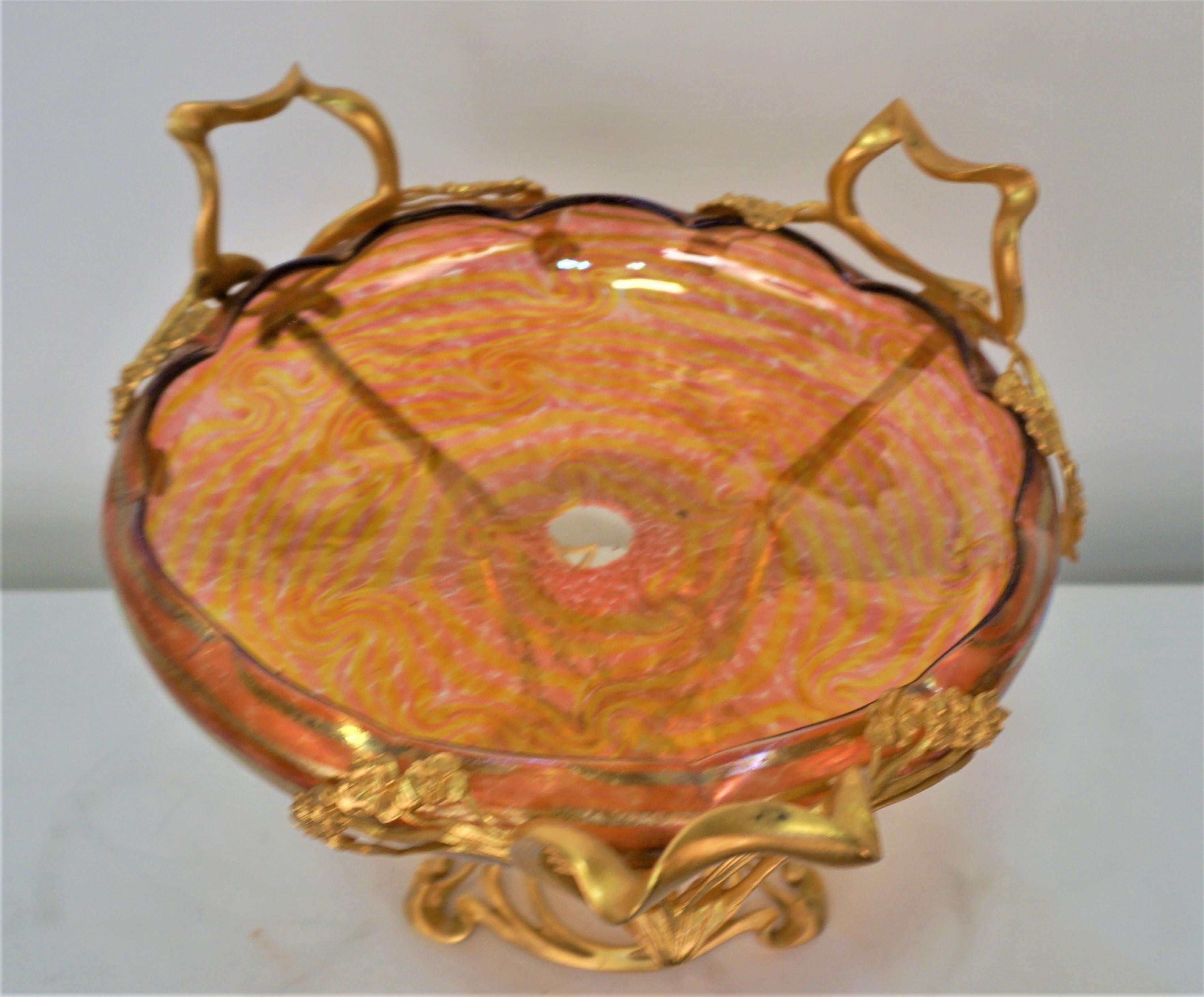 Gilt Loetz Style Art Nouveau Iridescent Art Glass and Dore Bronze Center Piece