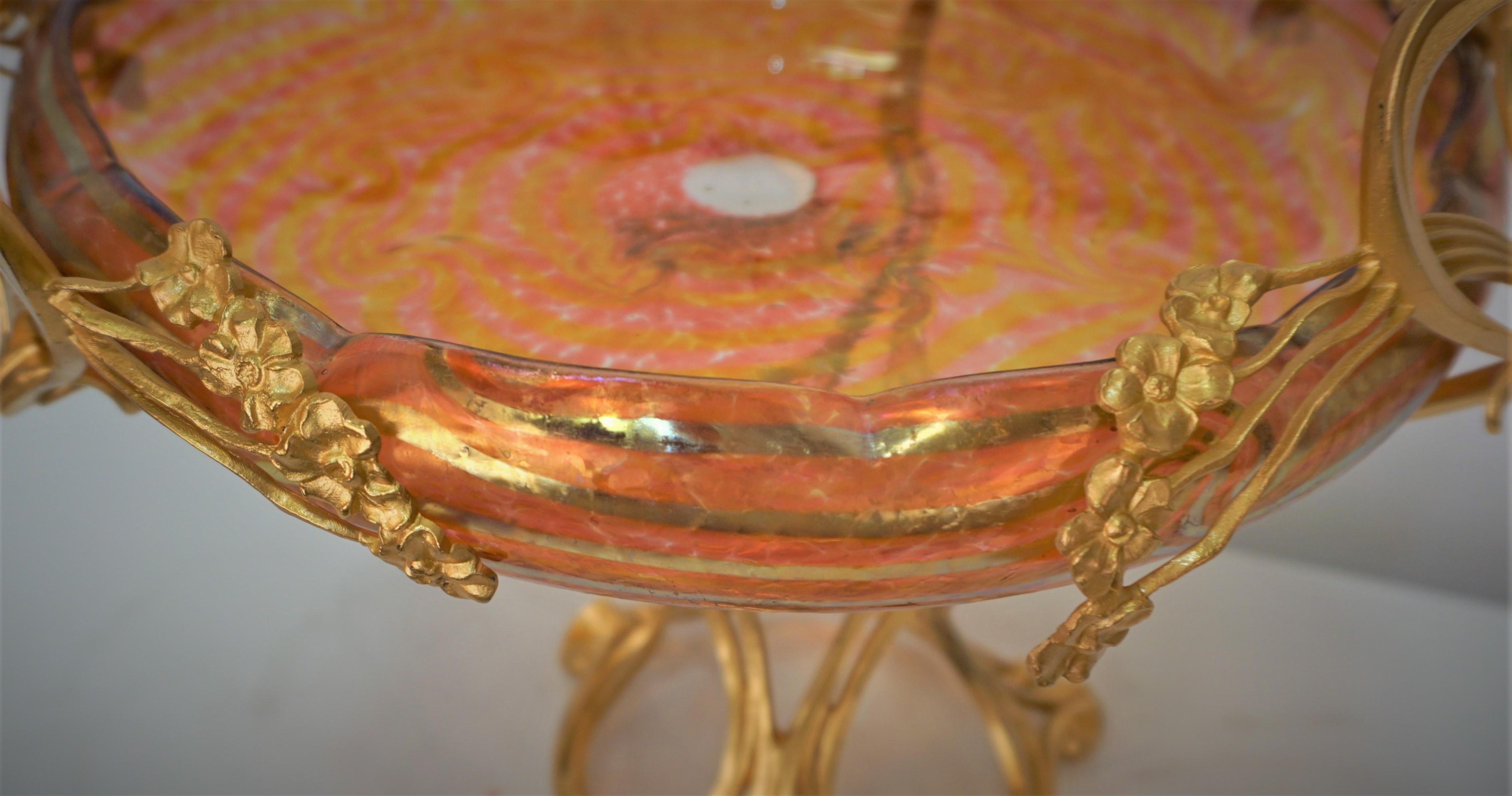 Early 20th Century Loetz Style Art Nouveau Iridescent Art Glass and Dore Bronze Center Piece