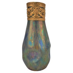 Loetz Style Iridescent Art Glass Vase with Bronze Austria