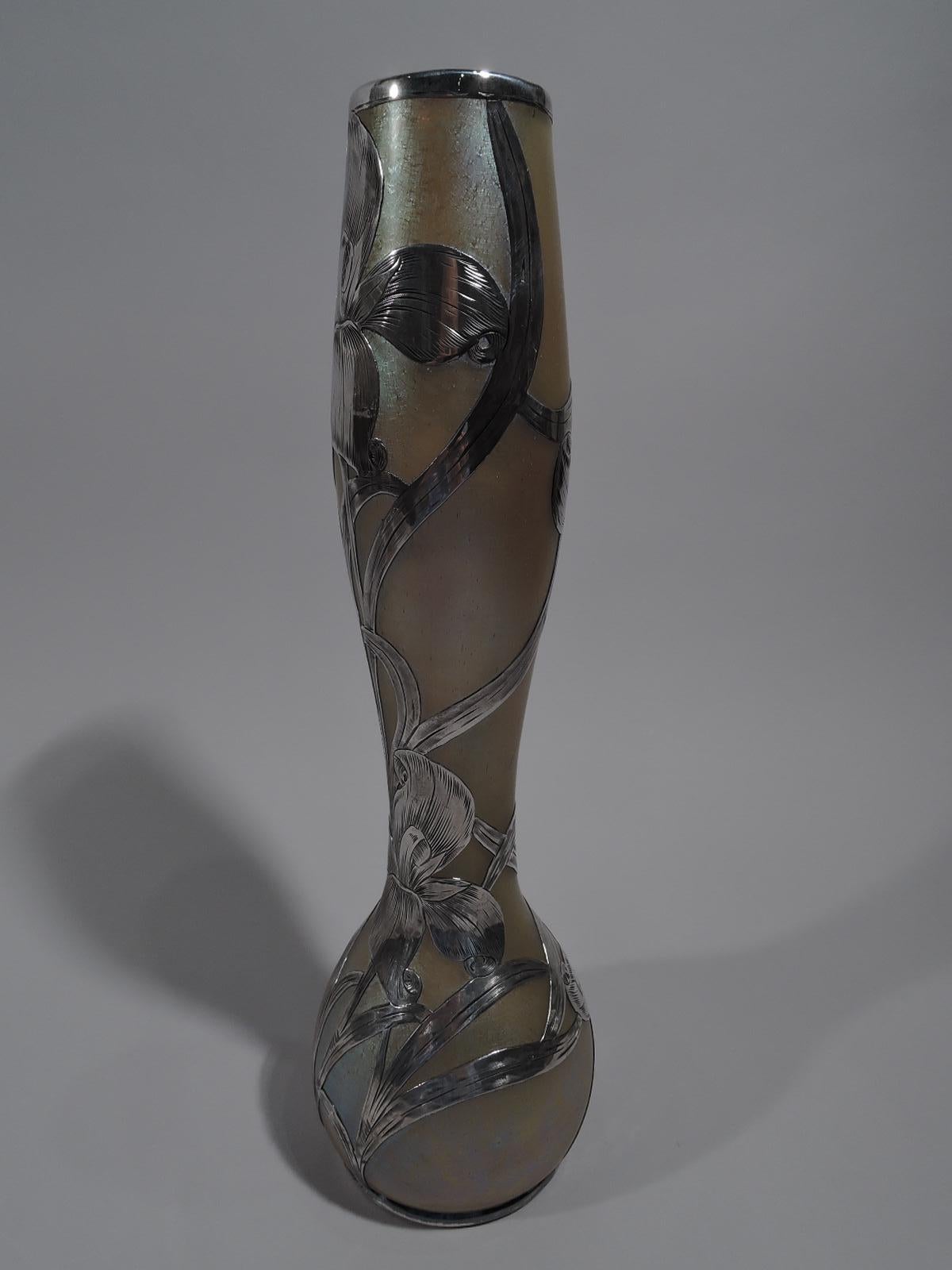 Czech Loetz Tall Art Nouveau Iridescent Glass Vase with Alvin Silver Overlay