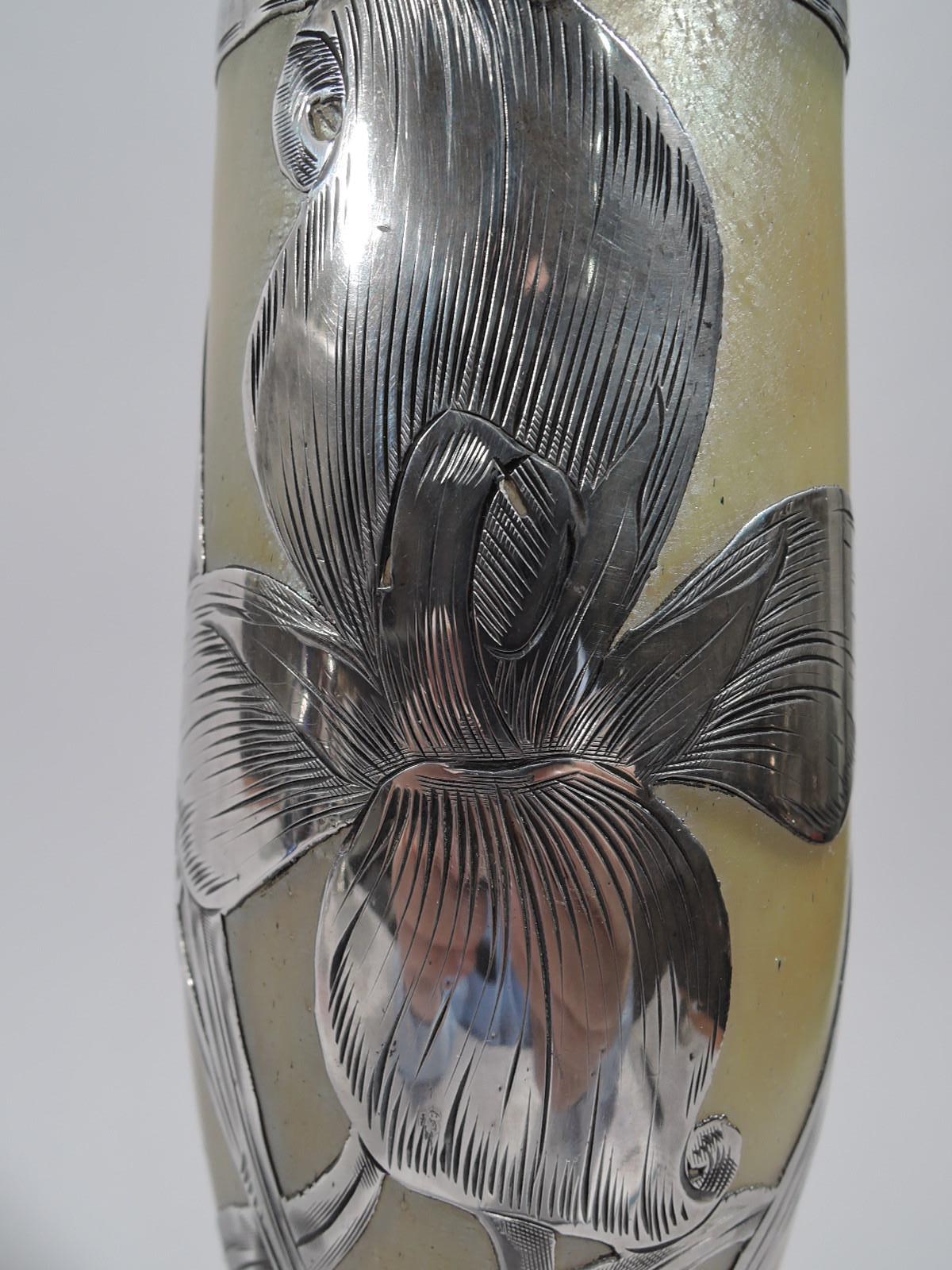 Loetz Tall Art Nouveau Iridescent Glass Vase with Alvin Silver Overlay 1