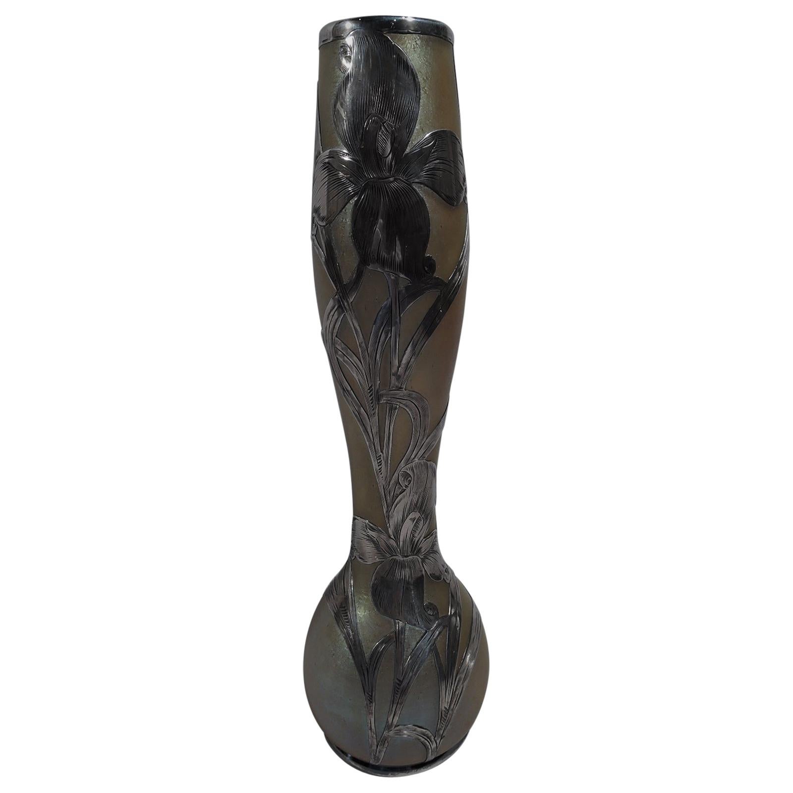 Loetz Tall Art Nouveau Iridescent Glass Vase with Alvin Silver Overlay