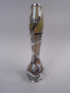 Loetz Tall Art Nouveau Iridescent Vase with Floral Silver Overlay