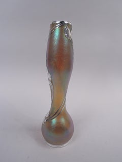 Loetz Tall Art Nouveau Iridescent Vase with Floral Silver Overlay