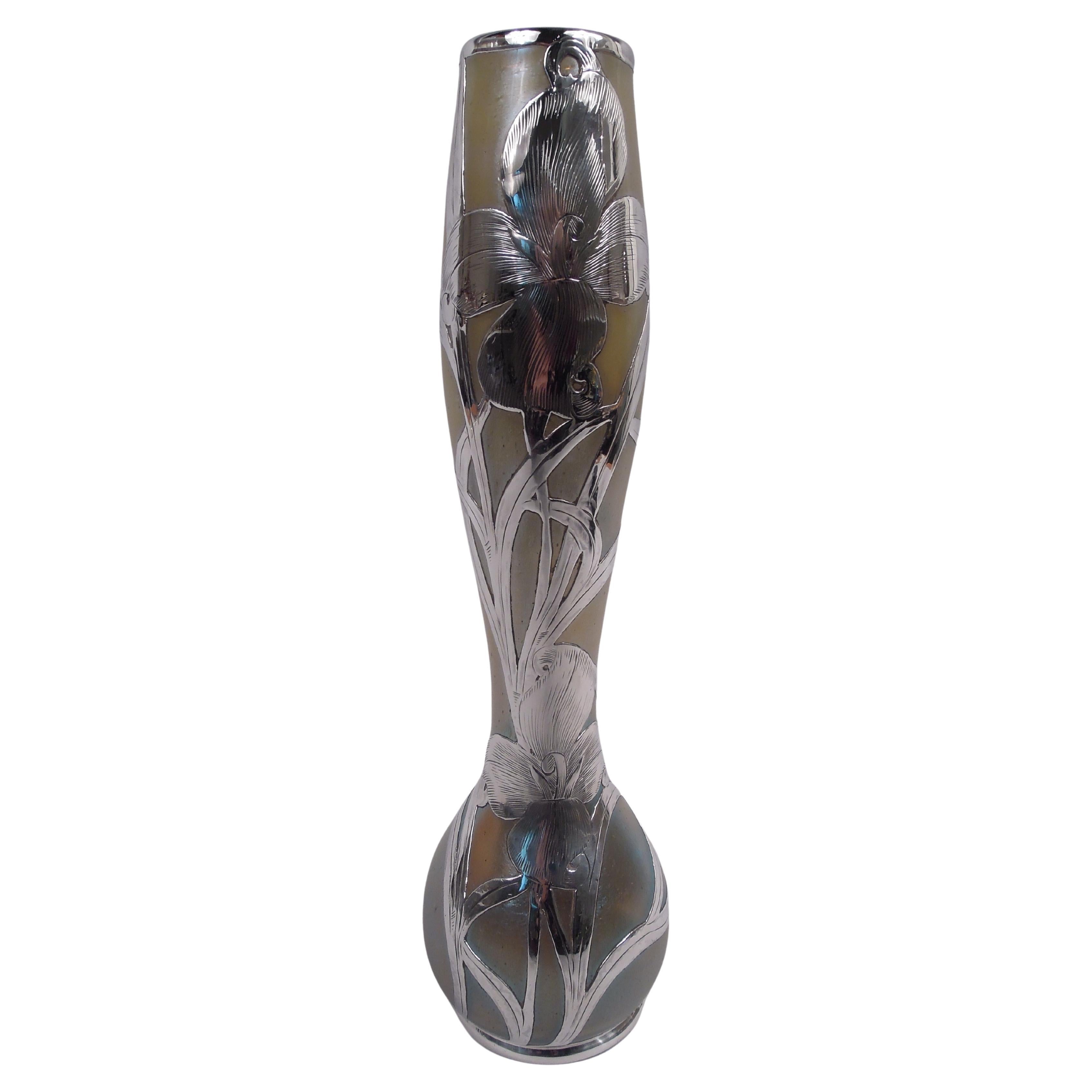 Loetz Tall Art Nouveau Iridescent Vase with Floral Silver Overlay