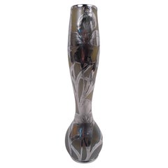 Loetz Tall Art Nouveau Iridescent Vase with Floral Silver Overlay