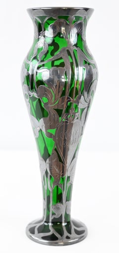 Loetz “Titania” Art Nouveau Green Iridescent Glass Vase with Silver Overlay