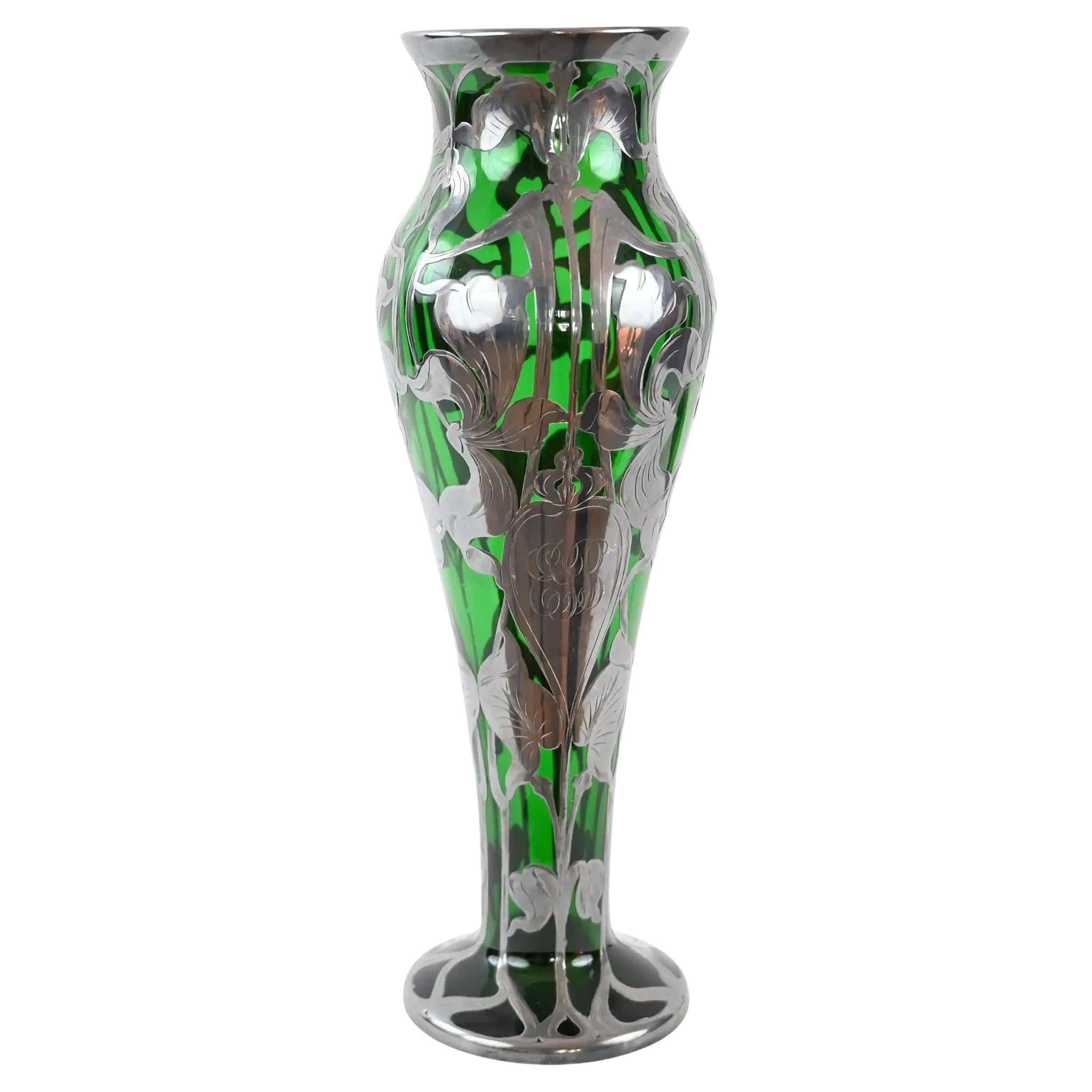 Loetz “Titania” Art Nouveau Green Iridescent Glass Vase with Silver Overlay