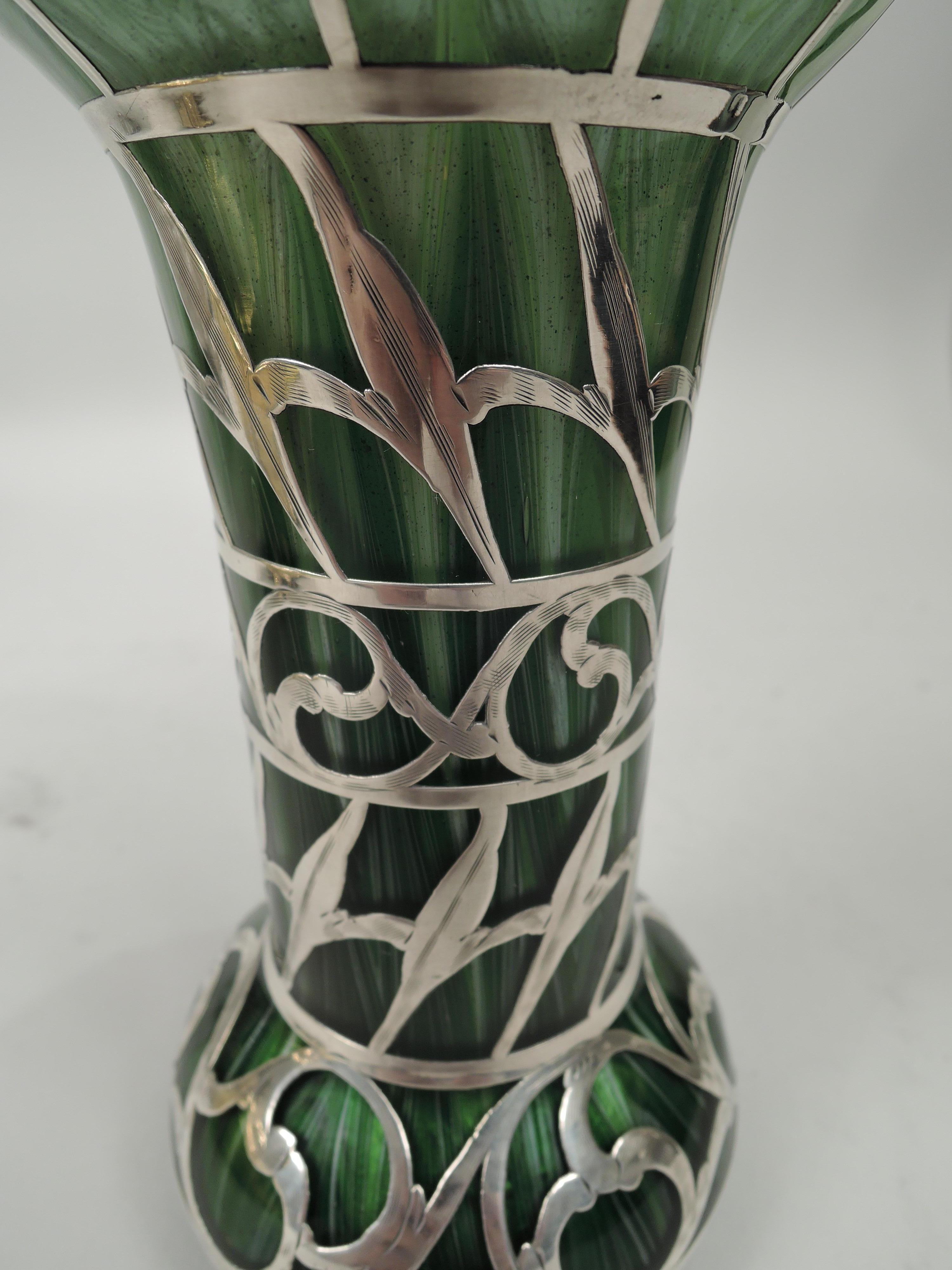Austrian Loetz Titania Art Nouveau Green Silver Overlay Vase For Sale