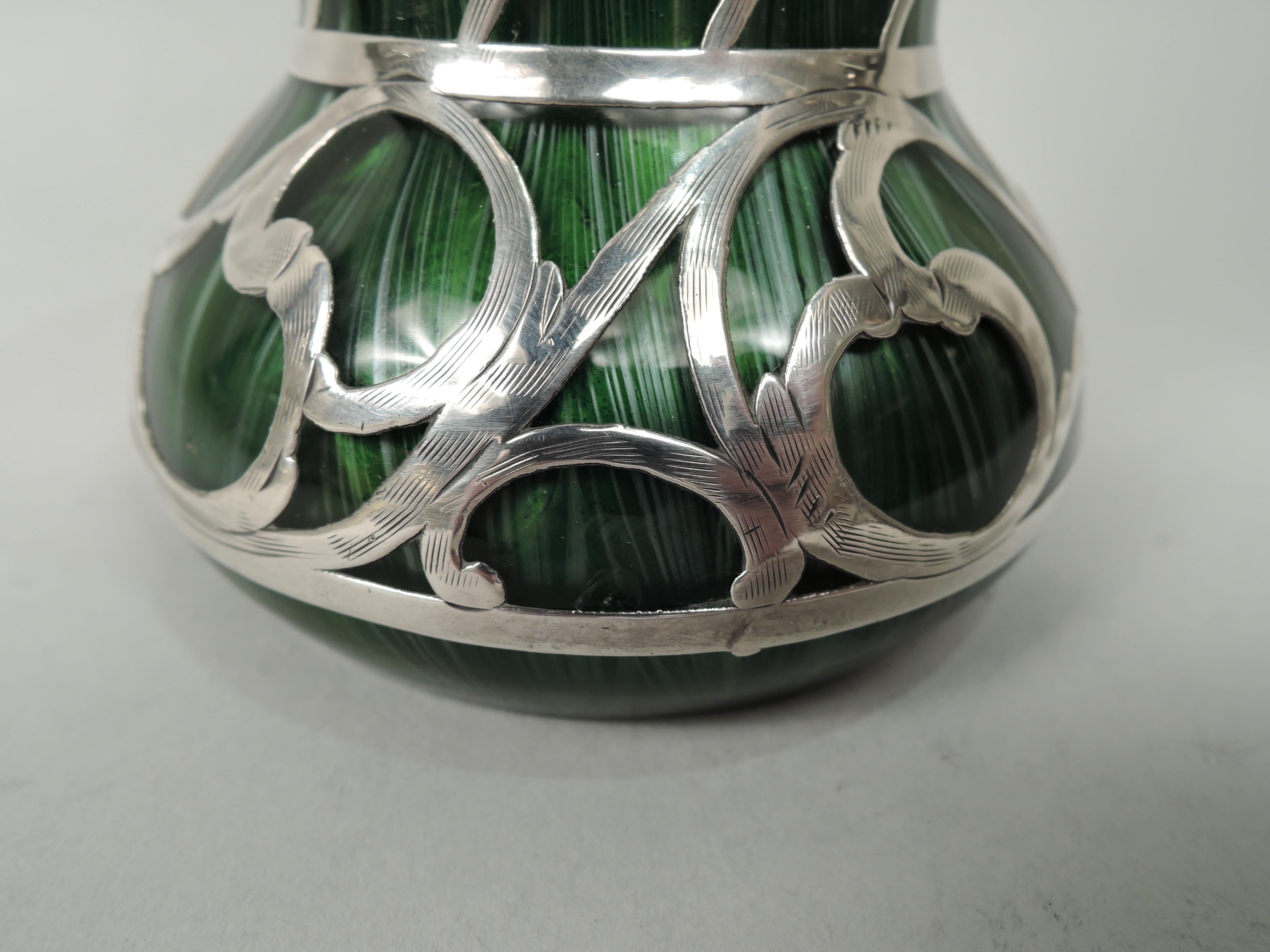 Loetz Titania Art Nouveau Green Silver Overlay Vase In Excellent Condition For Sale In New York, NY