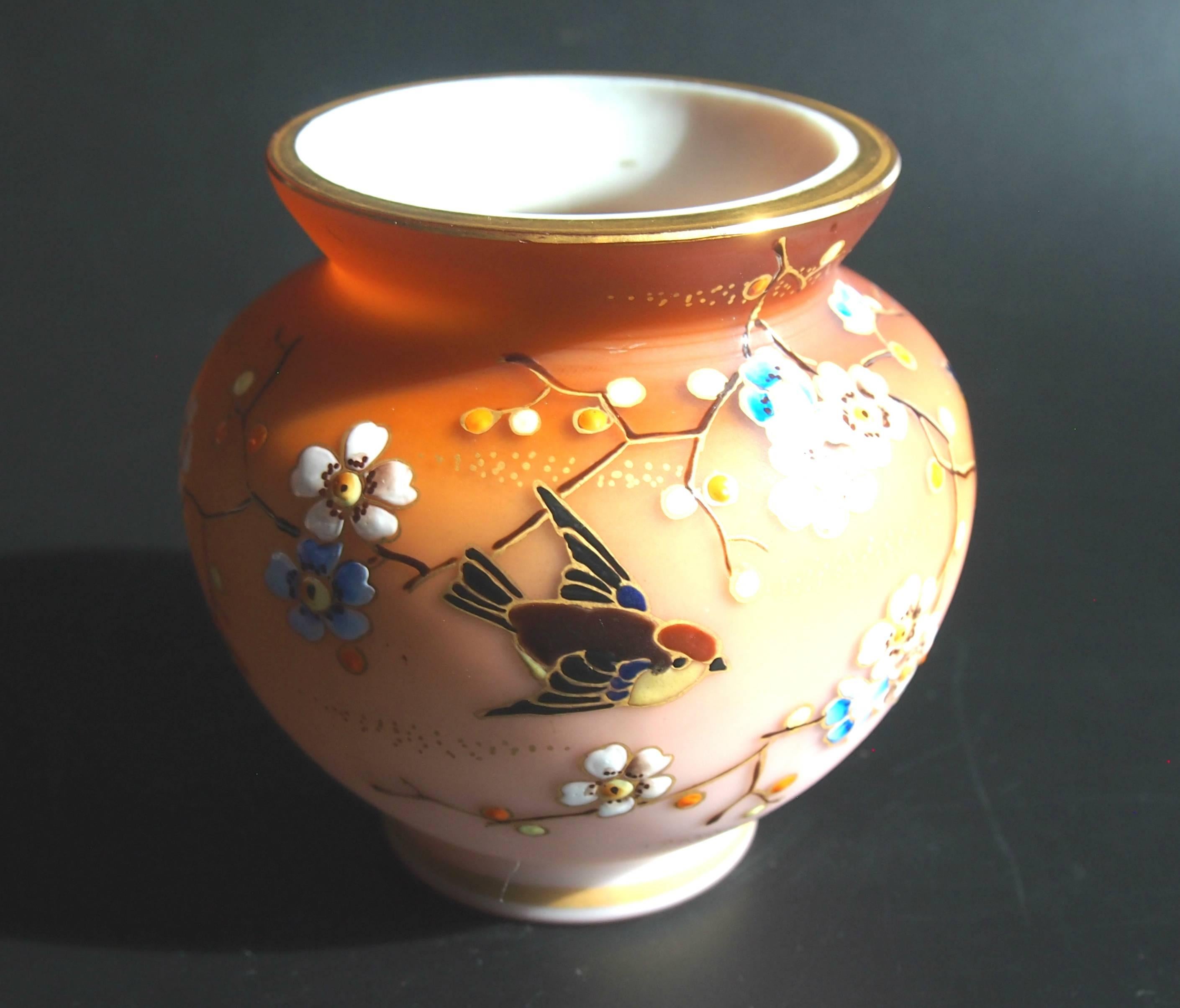 Art Glass Bohemian Loetz Victorian Enameled Bird Glass Vase