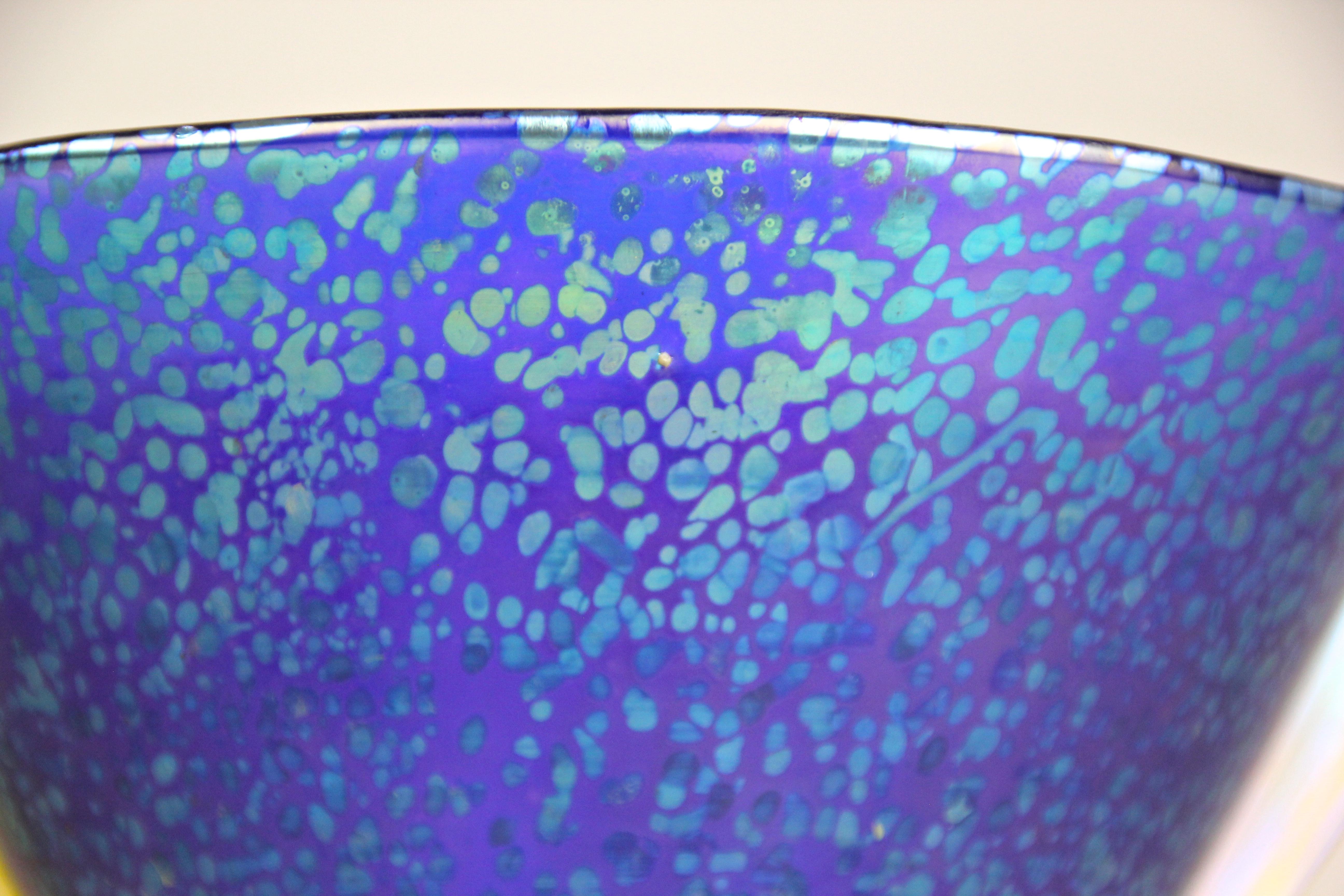 Blown Glass Loetz Witwe Blue Glass Bowl Decor Papillon Iriscident, Bohemia, circa 1936 For Sale