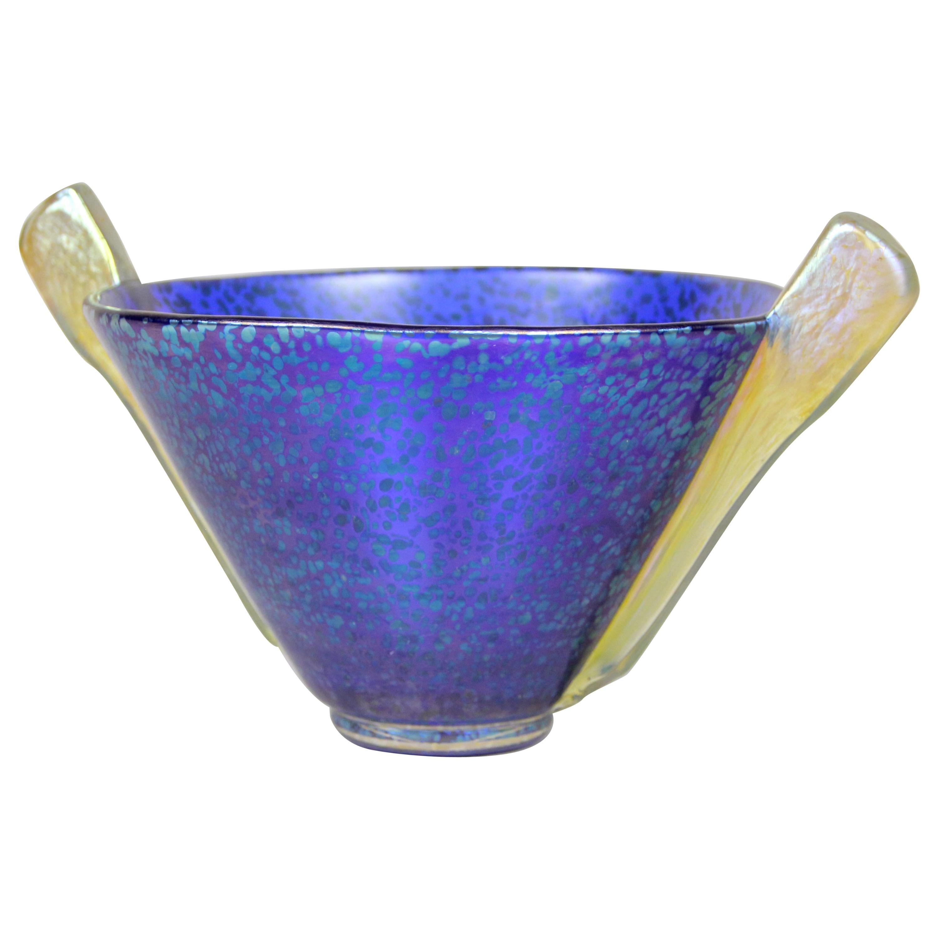 Loetz Witwe Blue Glass Bowl Decor Papillon Iriscident, Bohemia, circa 1936