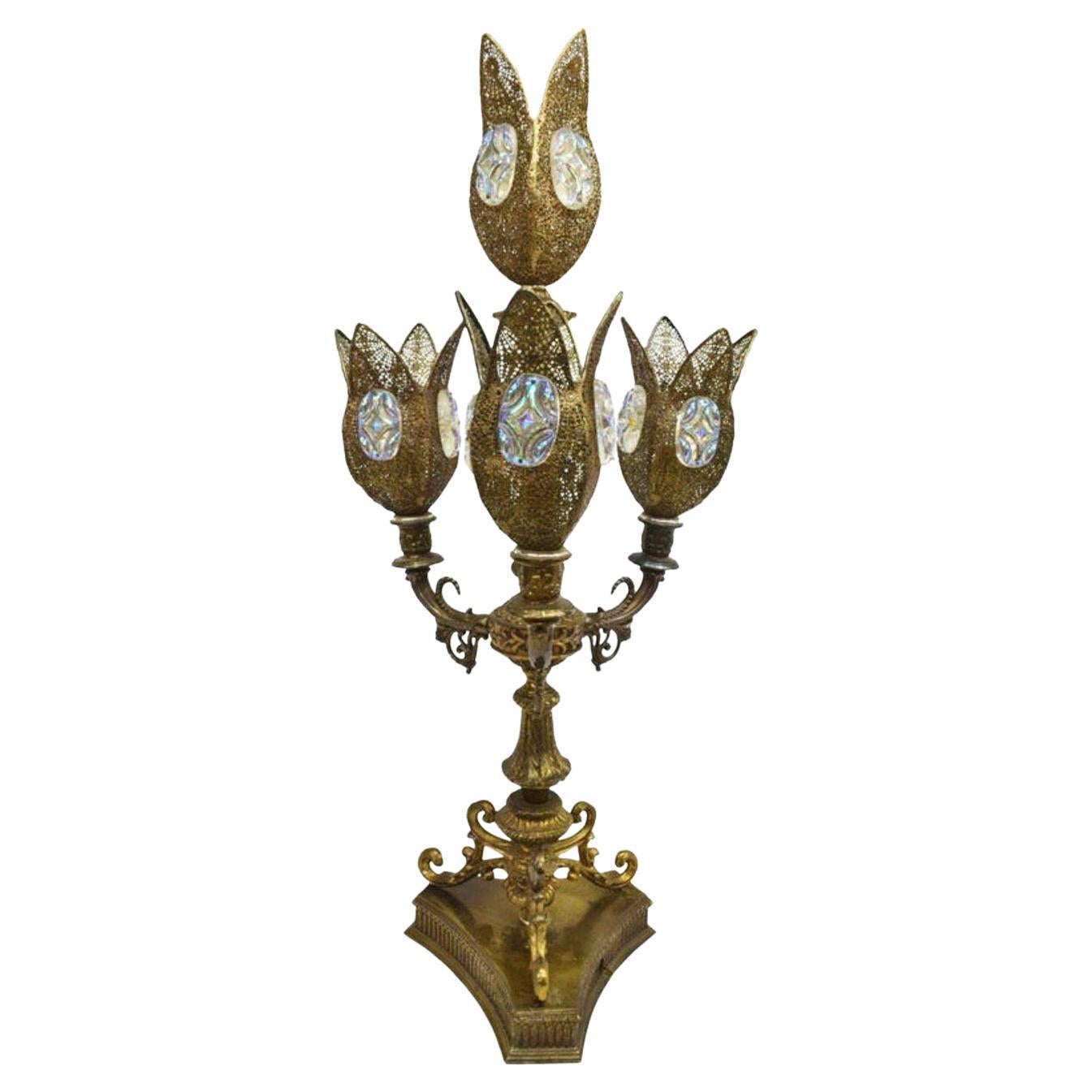 Loevsky & Loevsky Iridescent Filigree Table Lamp Candelabra For Sale