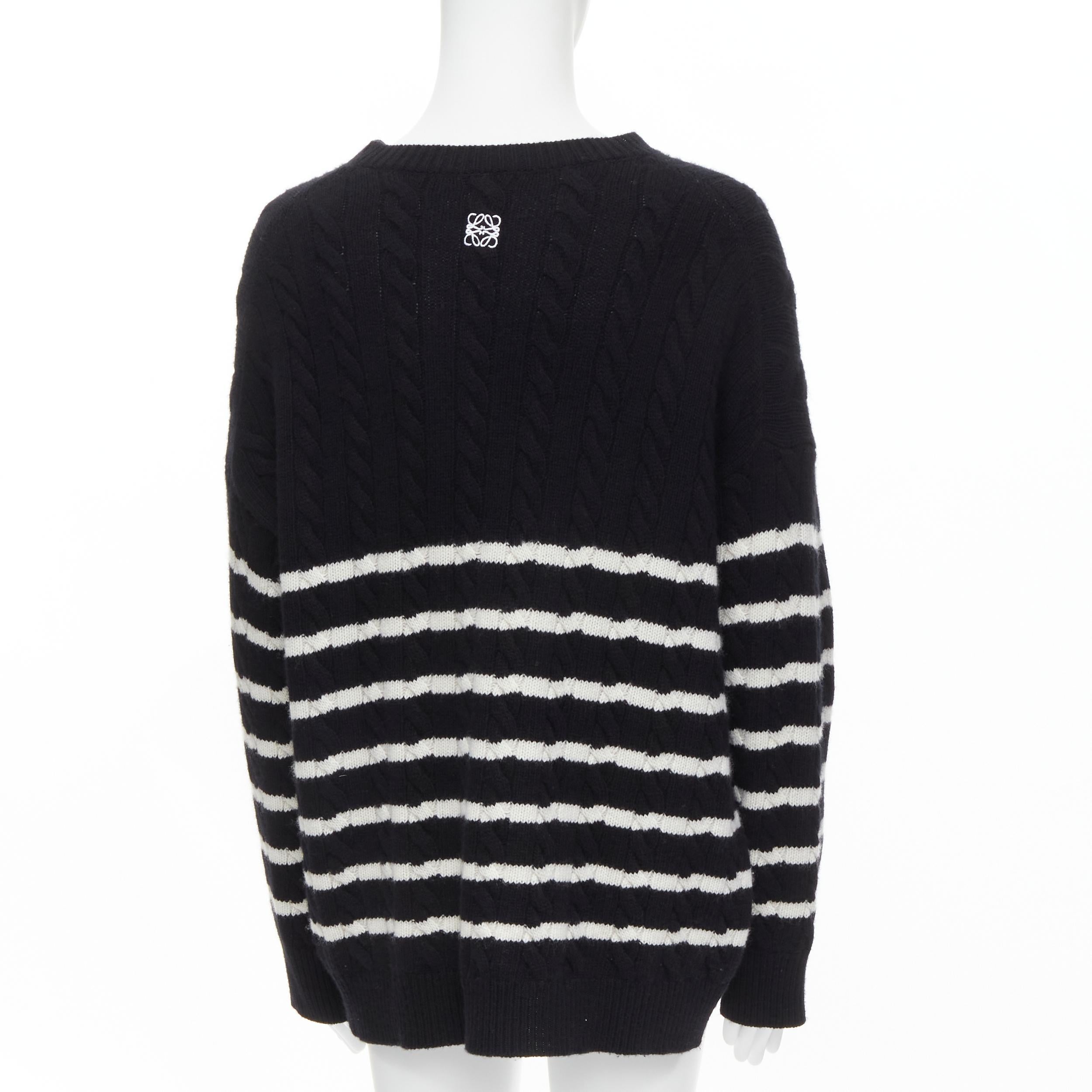 Donna LOEWE 100% lana, maglia a righe bianche e nere, logo ricamato, felpa oversize