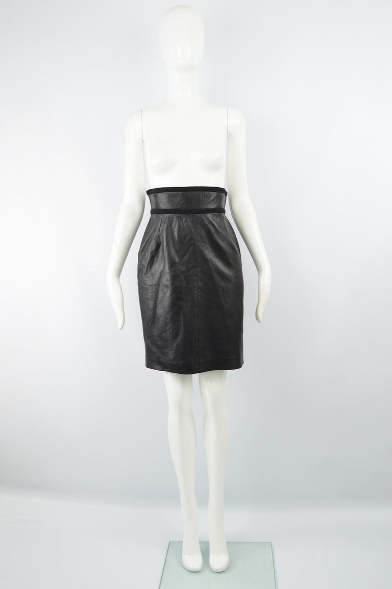 Loewe 1980s Black Leather Ultra High Waist Women's Vintage Pencil Skirt ...