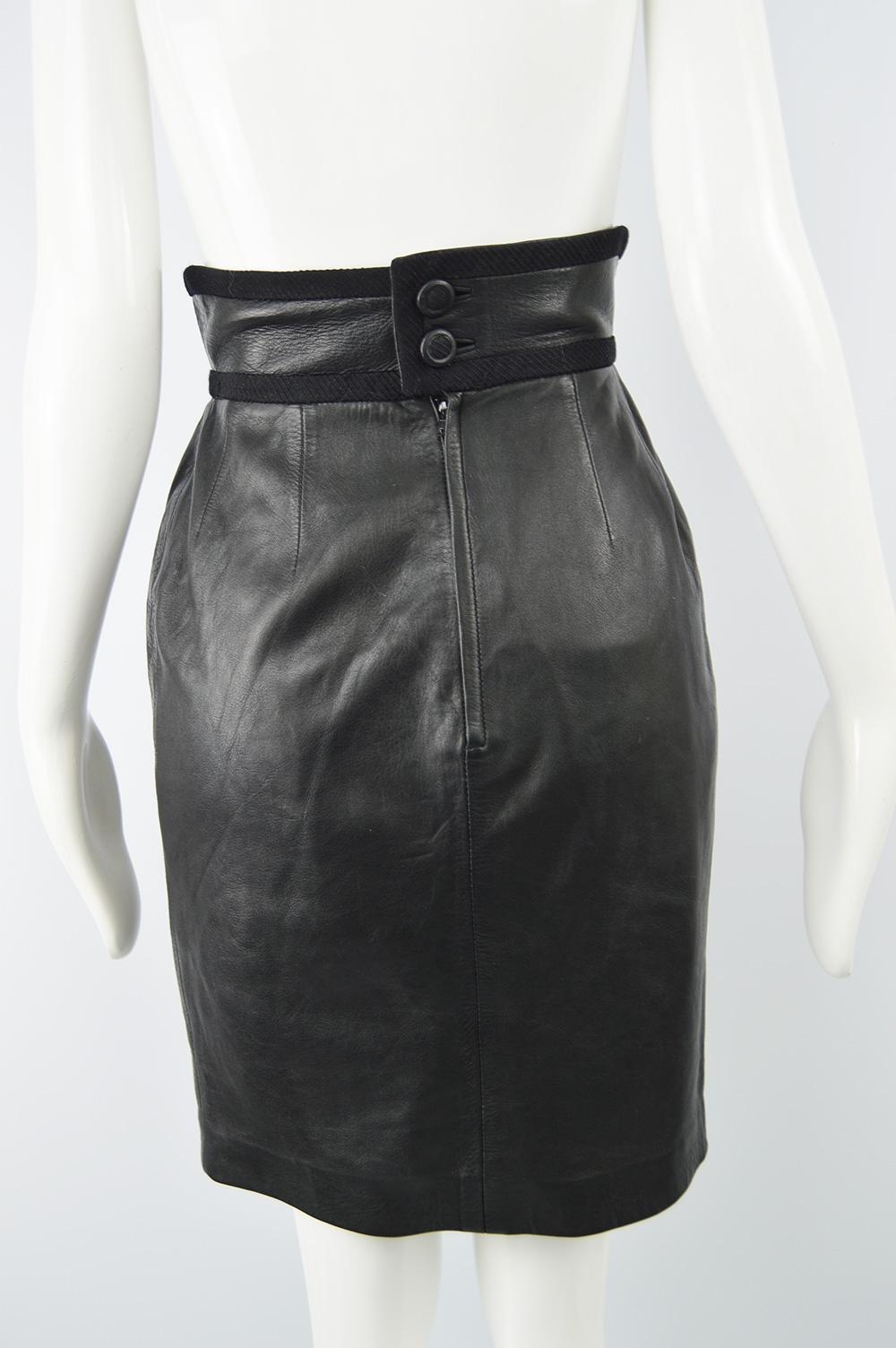 Loewe 1980s Black Leather Ultra High Waist Women's Vintage Pencil Skirt For Sale 1